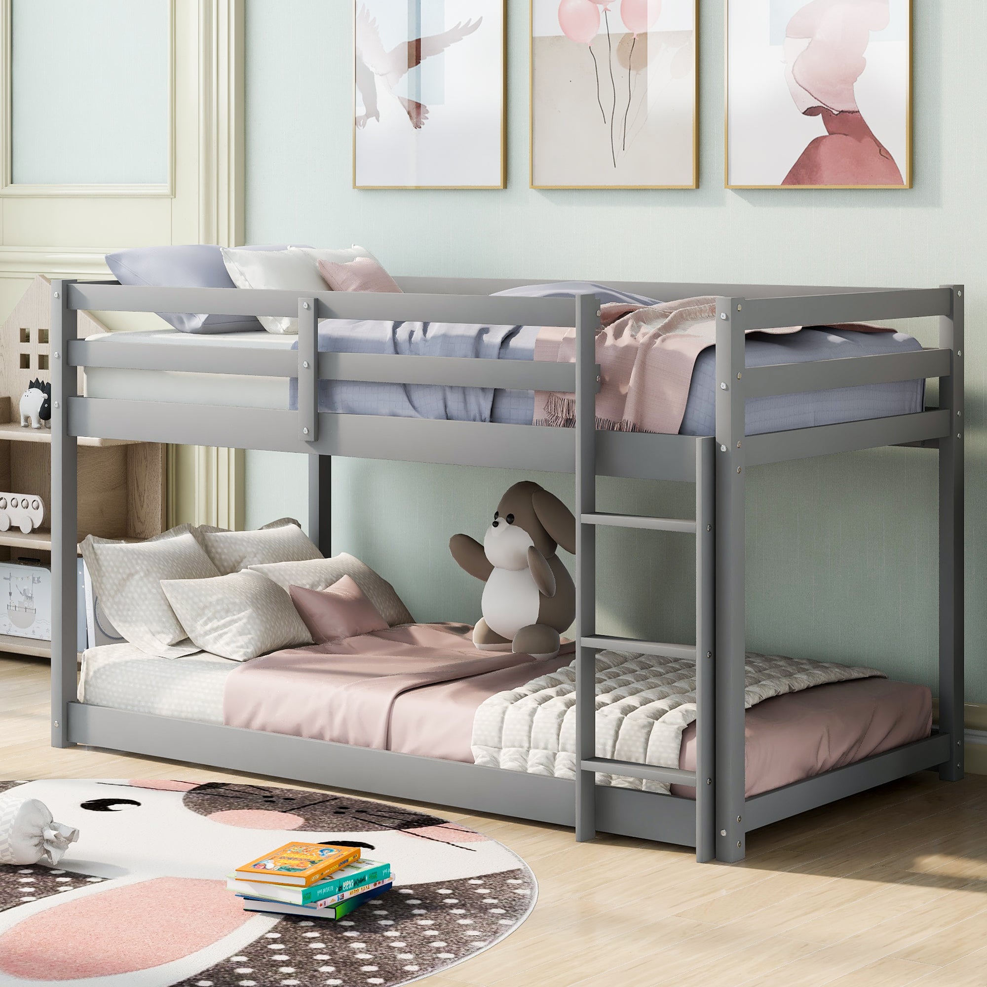 Twin Over Twin Floor Bunk Bed With Laddergray Old Sku:Wf281727Aae Wf286602Aae Box Spring Not Required Twin Gray Wood Bedroom Bunk Pine