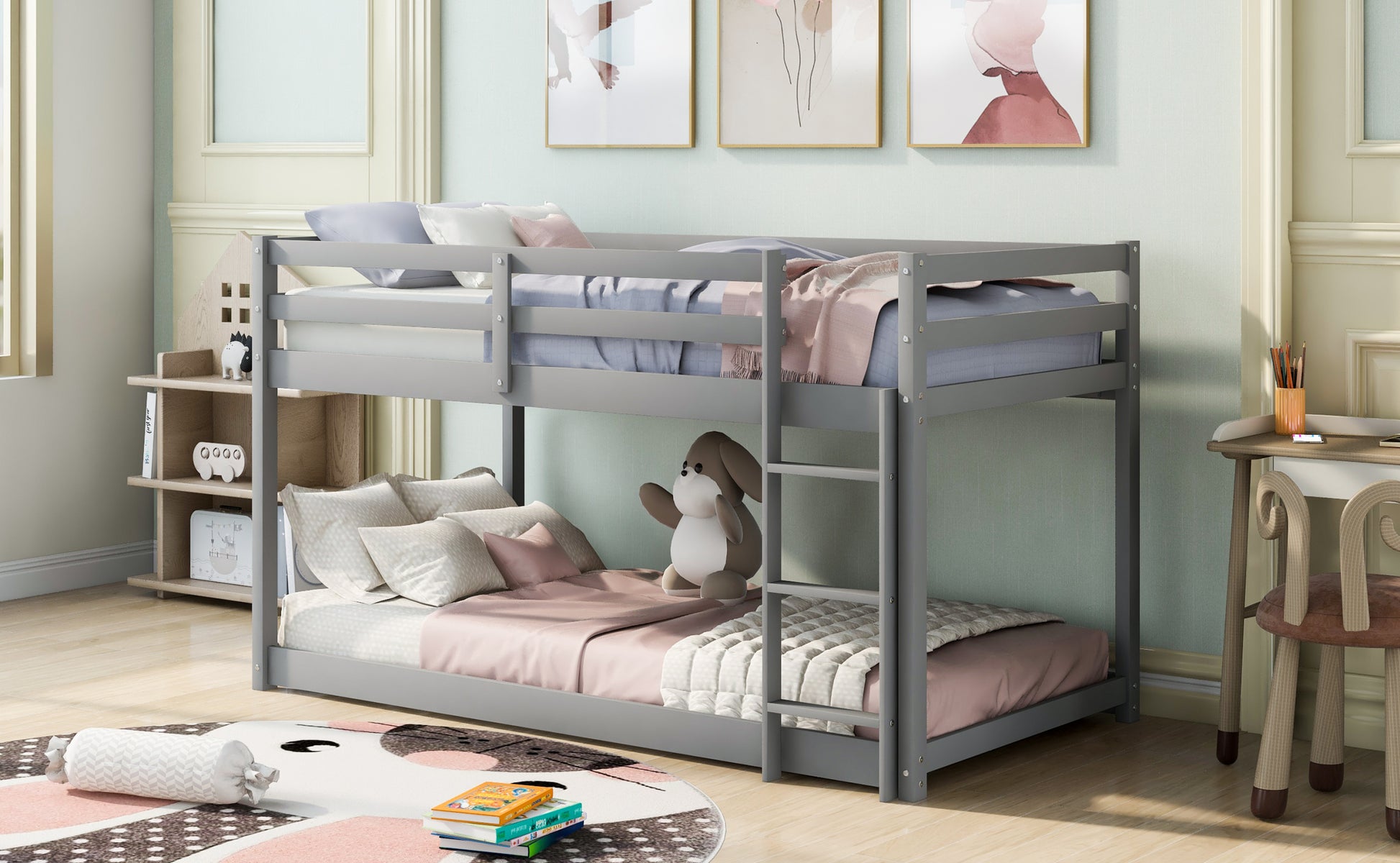 Twin Over Twin Floor Bunk Bed With Laddergray Old Sku:Wf281727Aae Wf286602Aae Box Spring Not Required Twin Gray Wood Bedroom Bunk Pine