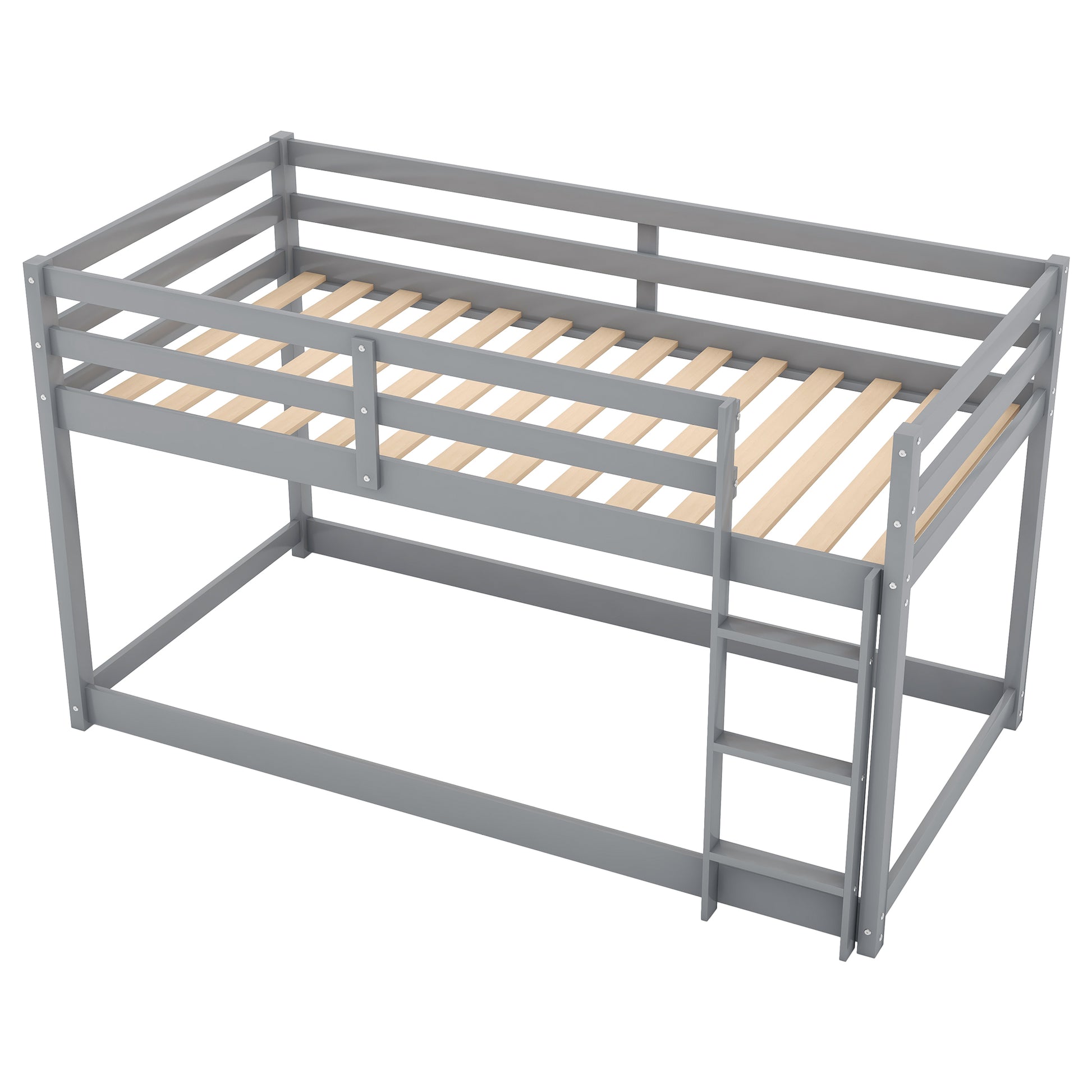 Twin Over Twin Floor Bunk Bed With Laddergray Old Sku:Wf281727Aae Wf286602Aae Box Spring Not Required Twin Gray Wood Bedroom Bunk Pine