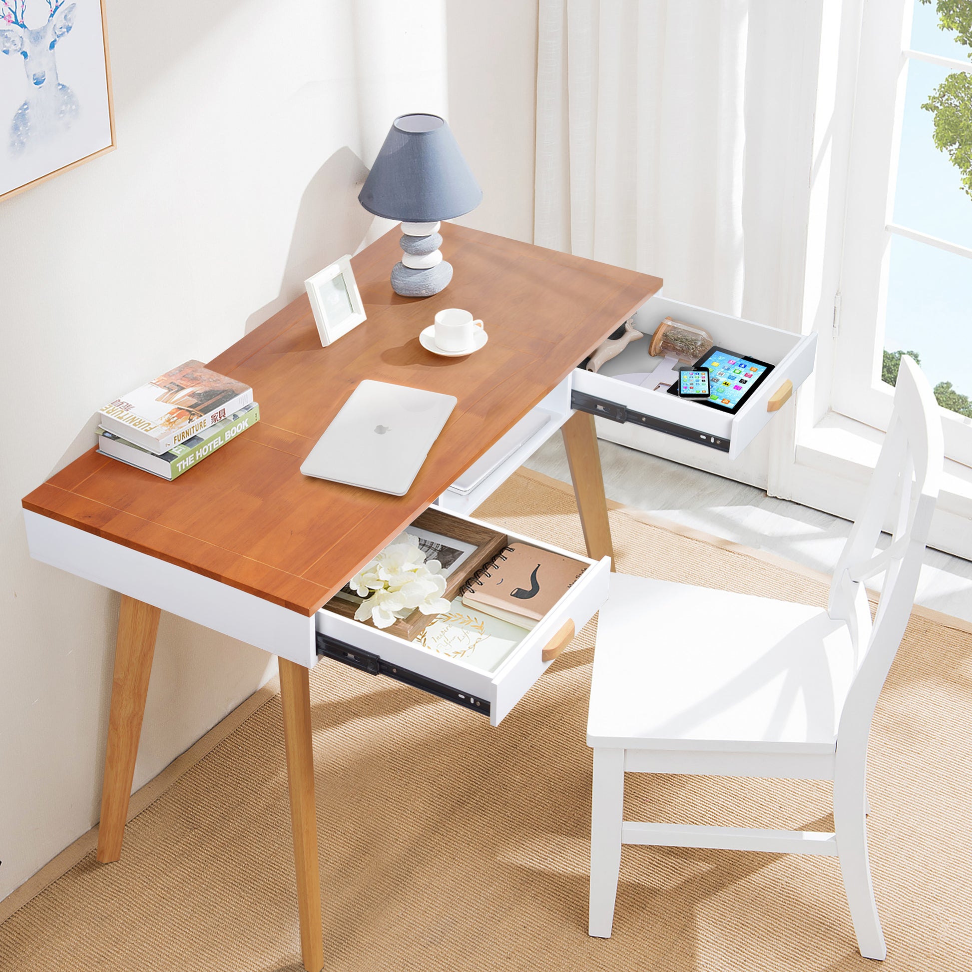 Wooden Vanity Table Makeup Dressing Desk Writing Desk Computer Table With Solid Wood Top Panel Natural Solid Wood