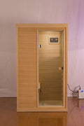 Hemlock Mini One Person Far Infrared Door On The Right Of The Indoor Sauna Room Natural Solid Wood