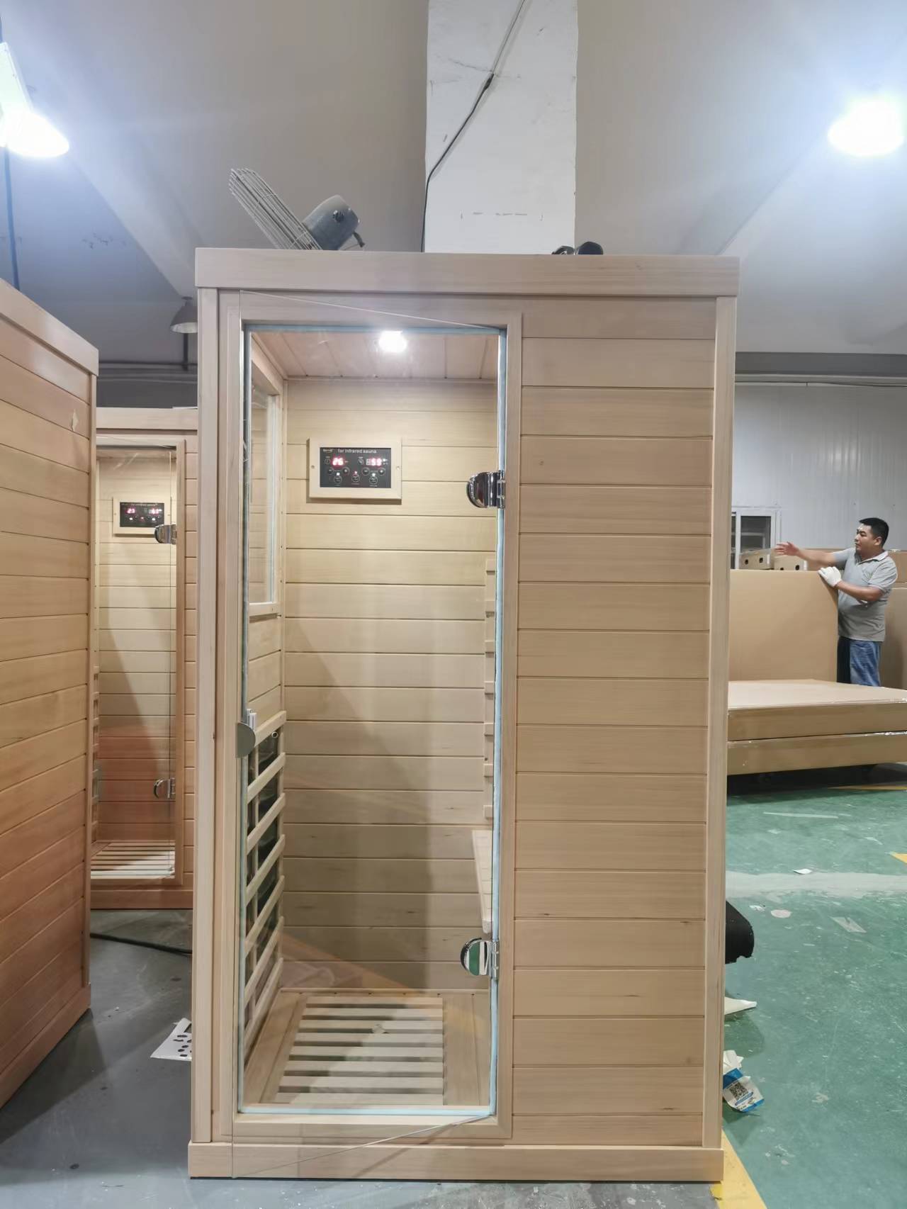 Hemlock Mini One Person Far Infrared Door On The Left Of The Indoor Sauna Room Natural Solid Wood