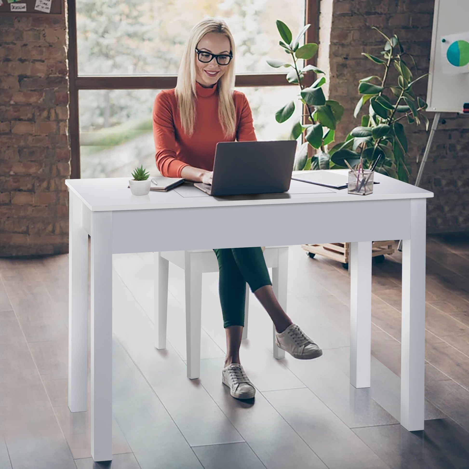 Accent White Vanity Table With Flip Top Mirror And 2 Drawers, Jewelry Storage For Women Dressing White Mdf