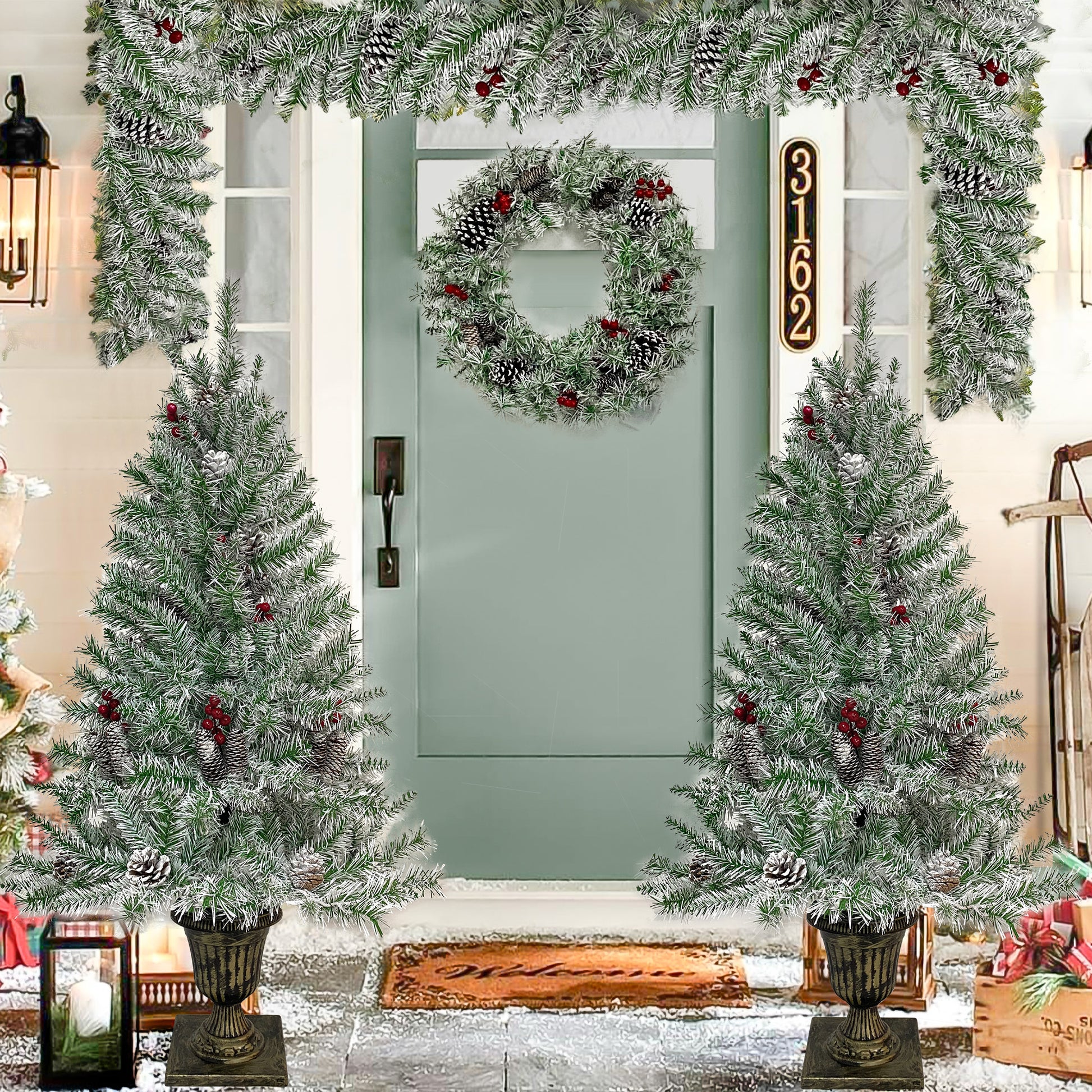 Pre Lit Xmas Tree Artificial Christmas 4 Piece Set,Garland, Wreath And Set Of 2 Entrance Trees X Mas Retro White Vinyl