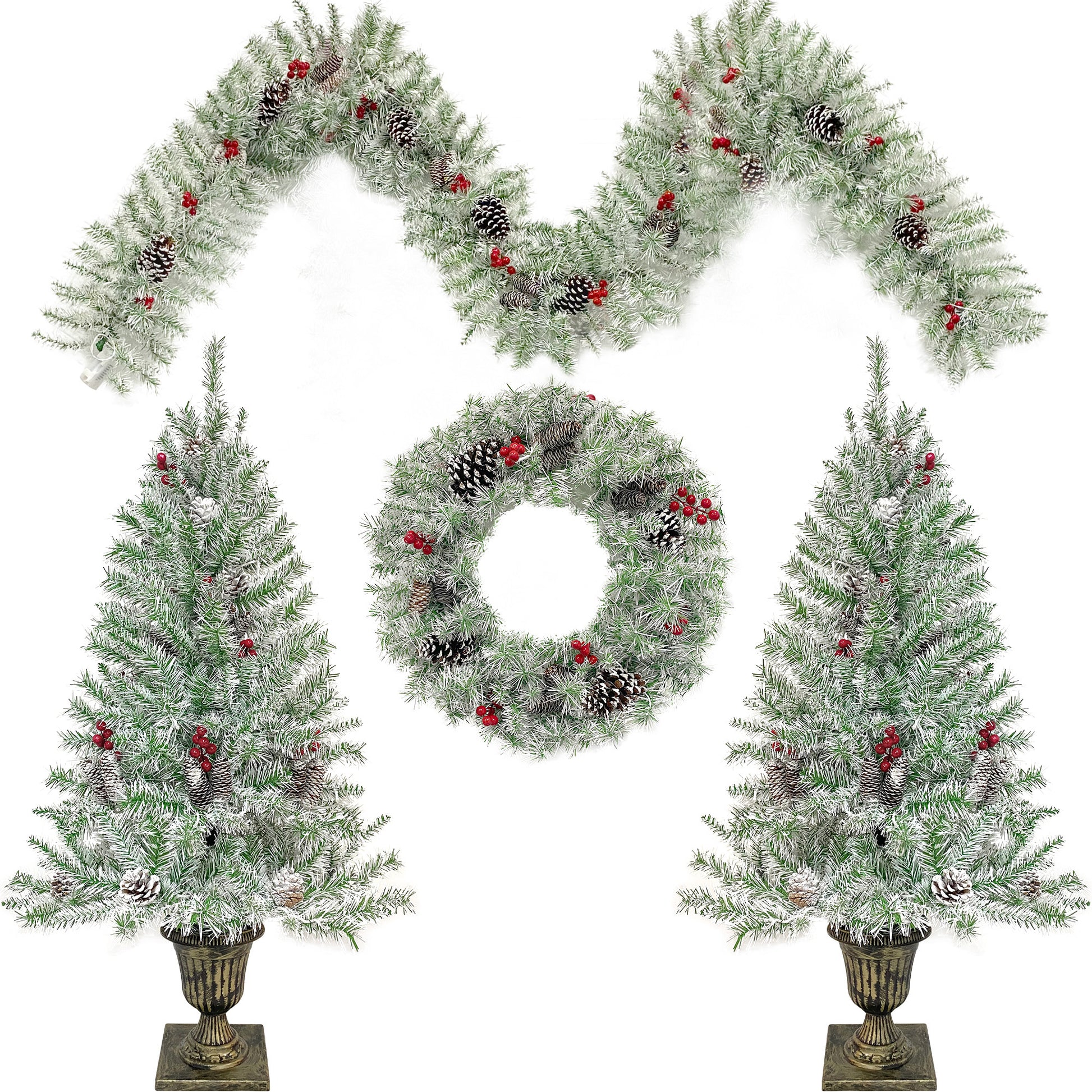 Pre Lit Xmas Tree Artificial Christmas 4 Piece Set,Garland, Wreath And Set Of 2 Entrance Trees X Mas Retro White Vinyl