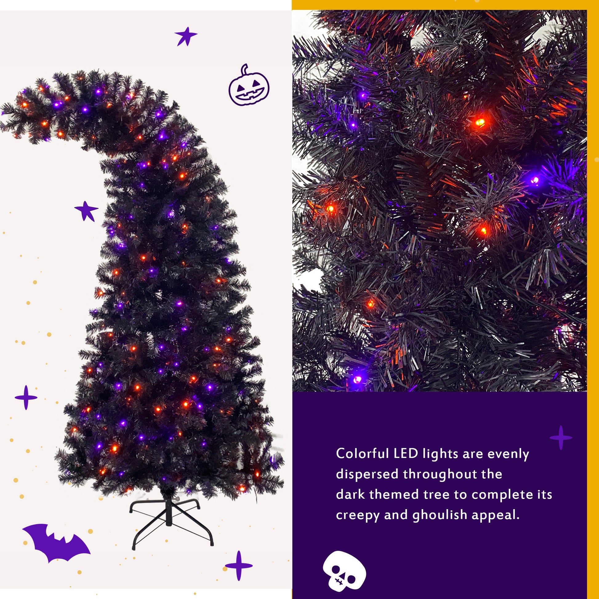 6Ft Artificial Fir Bent Top Halloween Christmas Tree, Xmas Tree Bendable Grinch Style Christmas Tree Holiday Decoration W 1,080 Lush Branch Tips, 300 Led Lights X Mas Halloween Style Black Vinyl