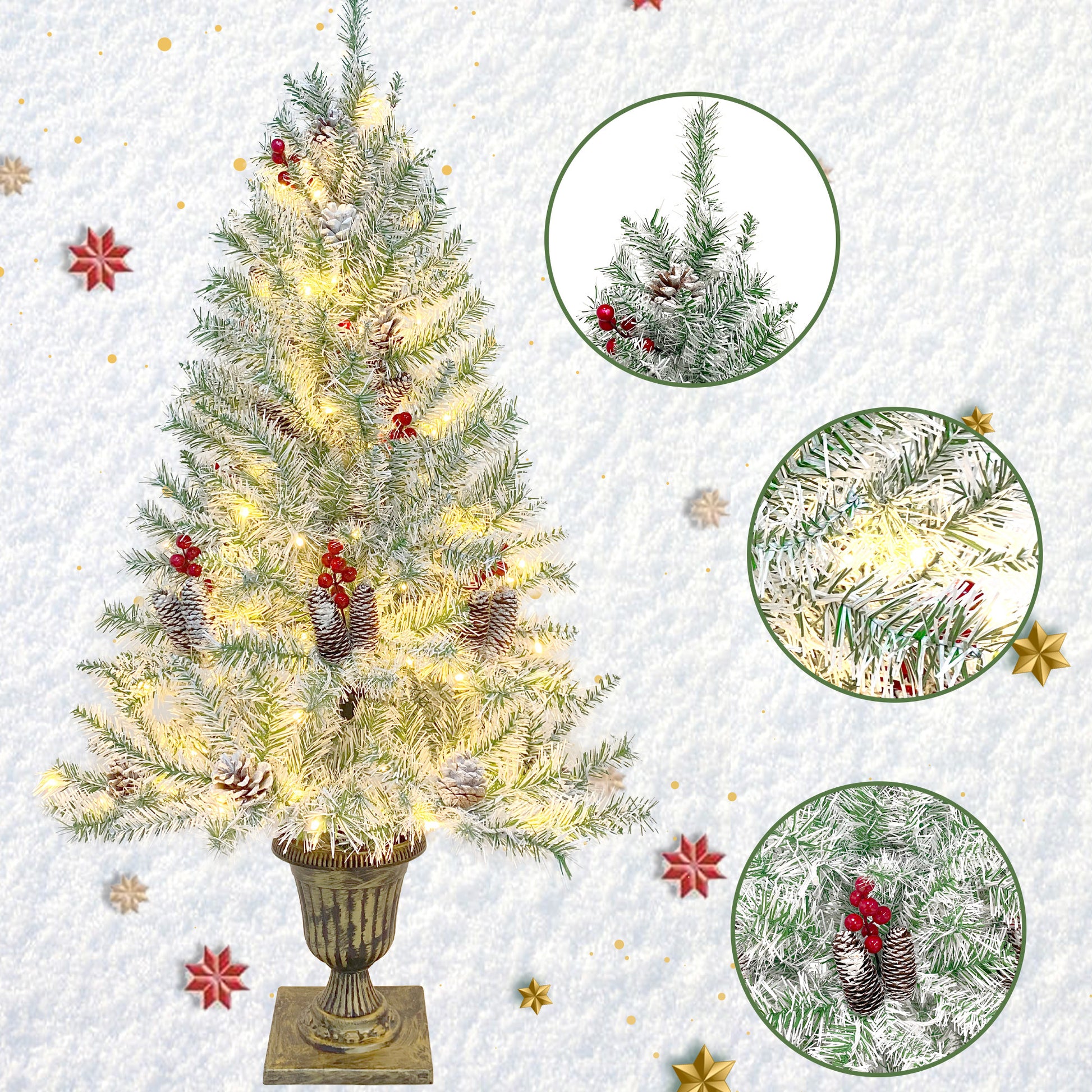 Pre Lit Xmas Tree Artificial Christmas 4 Piece Set,Garland, Wreath And Set Of 2 Entrance Trees X Mas Retro White Vinyl