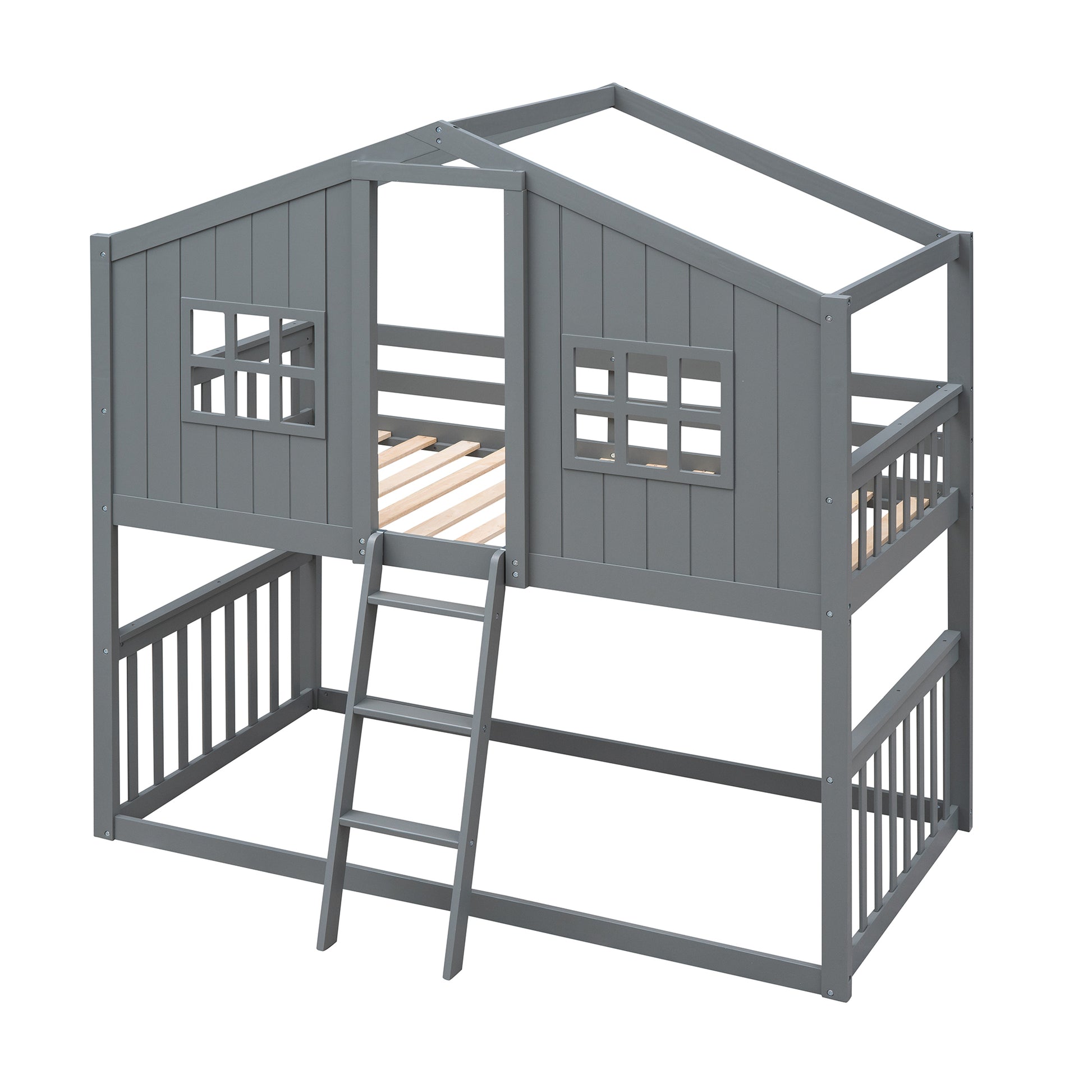 Twin Over Twin House Bunk Bed With Ladder, Wood Bed Gray Gray Solid Wood