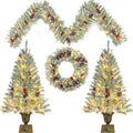 Pre Lit Xmas Tree Artificial Christmas 4 Piece Set,Garland, Wreath And Set Of 2 Entrance Trees X Mas Retro White Vinyl