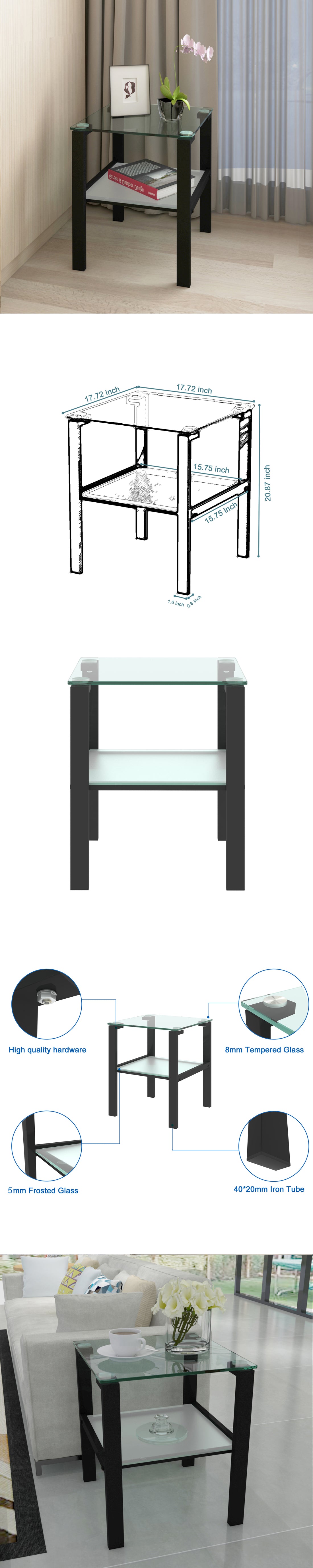 Glass Two Layer Tea Table, Small Round Table, Bedroom Corner Table, Living Room Black Side Table Black Glass