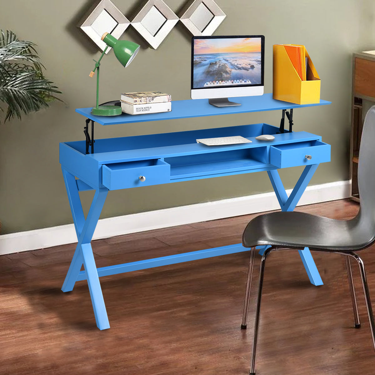 Lift Desk with 2 Drawer Storage, Computer Desk with blue-mdf