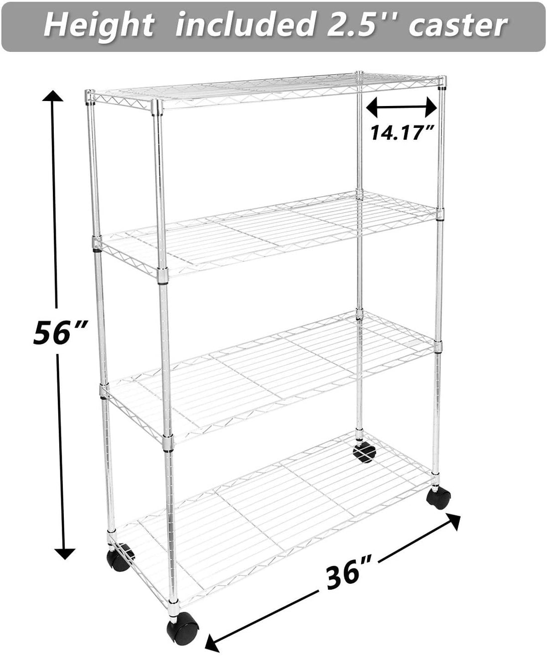 Simple Deluxe Heavy Duty 4 Shelf Shelving Unit With Wheel And Adjustable Feet, 36'' L X14'' W X54'' H , Chrome Chrome Iron