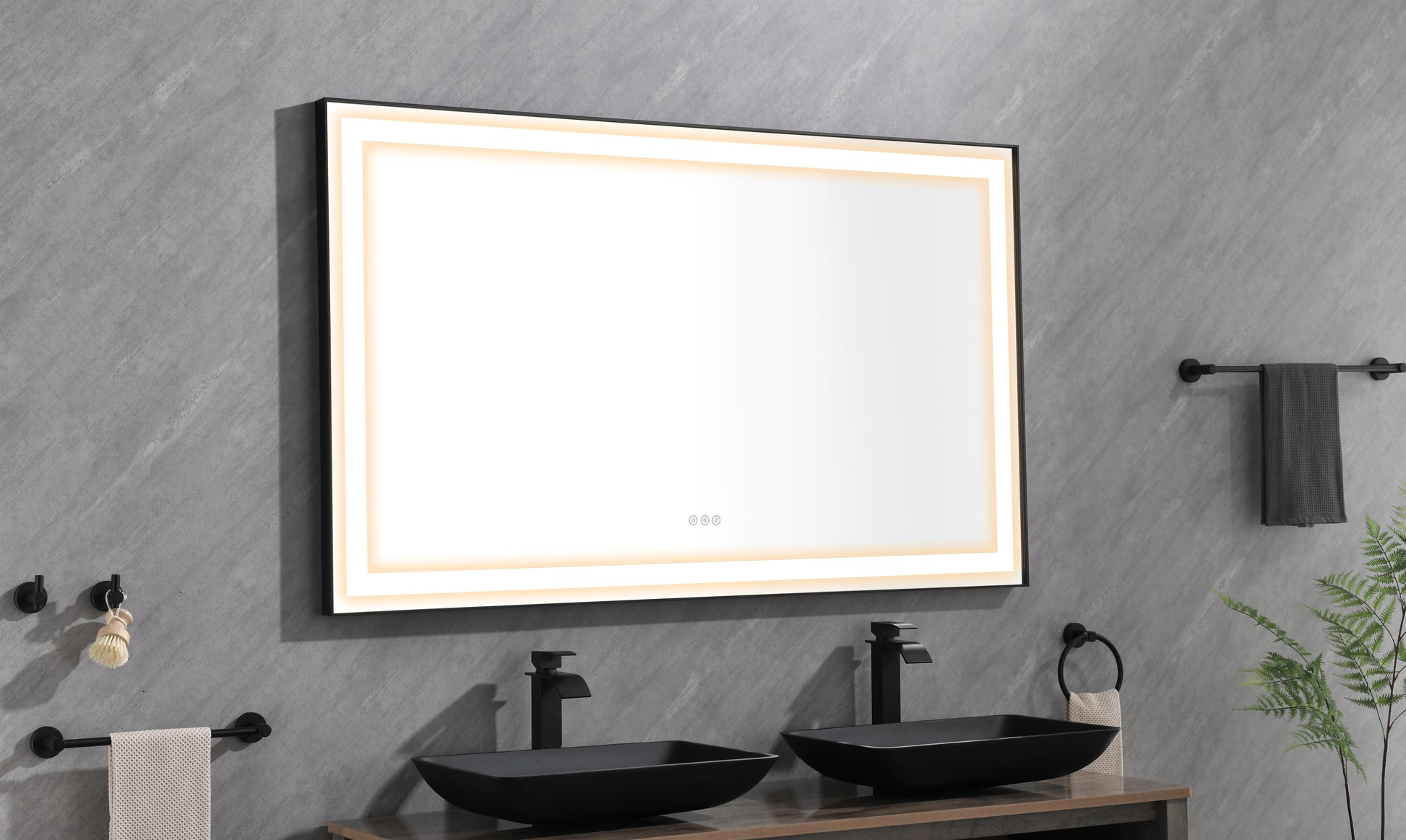 72*48 Led Lighted Bathroom Wall Mounted Mirror With High Lumen Anti Fog Separately Control Matte Black Aluminium