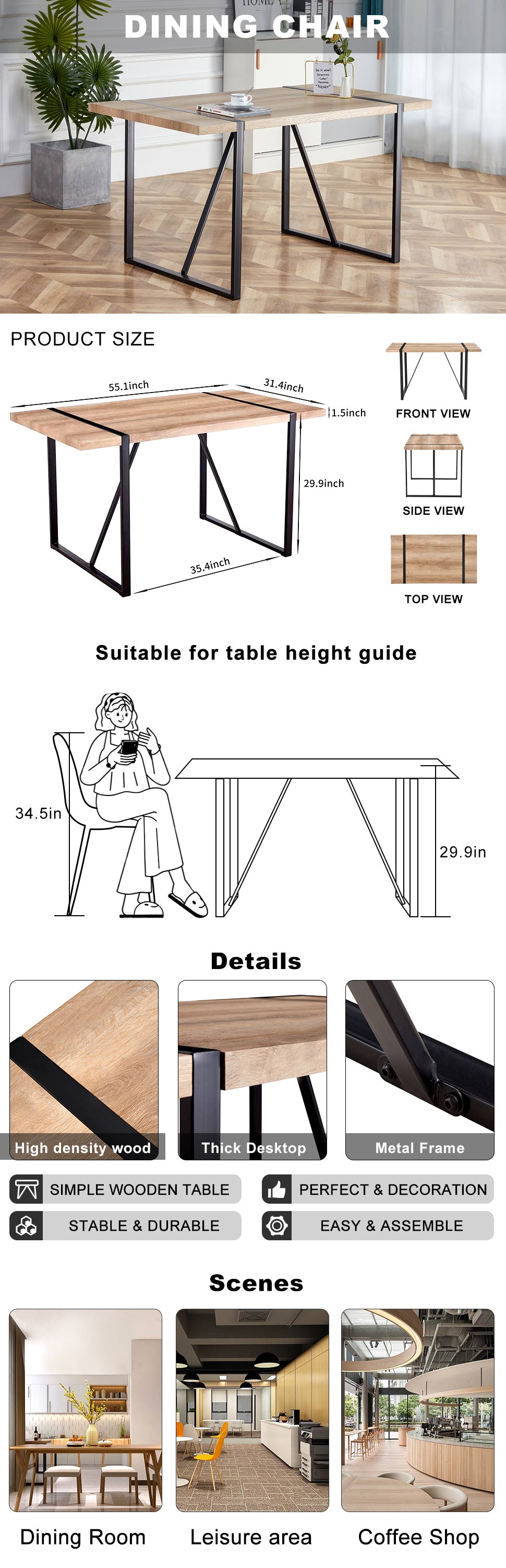 Rustic Industrial Rectangular Wood Dining Table For 4 6 Person, With 1.5" Thick Engineered Wood Color Tabletop And Black Metal Legs,Desk For Kitchen Dining Living Room, 55.1" X 31.4"X