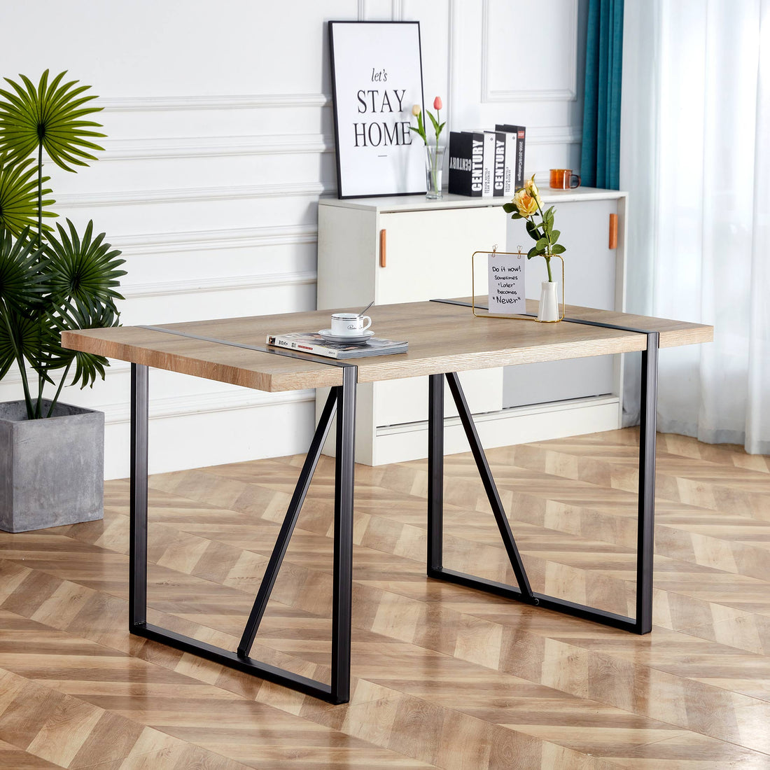 Rustic Industrial Rectangular Wood Dining Table For 4 6 Person, With 1.5" Thick Engineered Wood Color Tabletop And Black Metal Legs,Desk For Kitchen Dining Living Room, 55.1" X 31.4"X