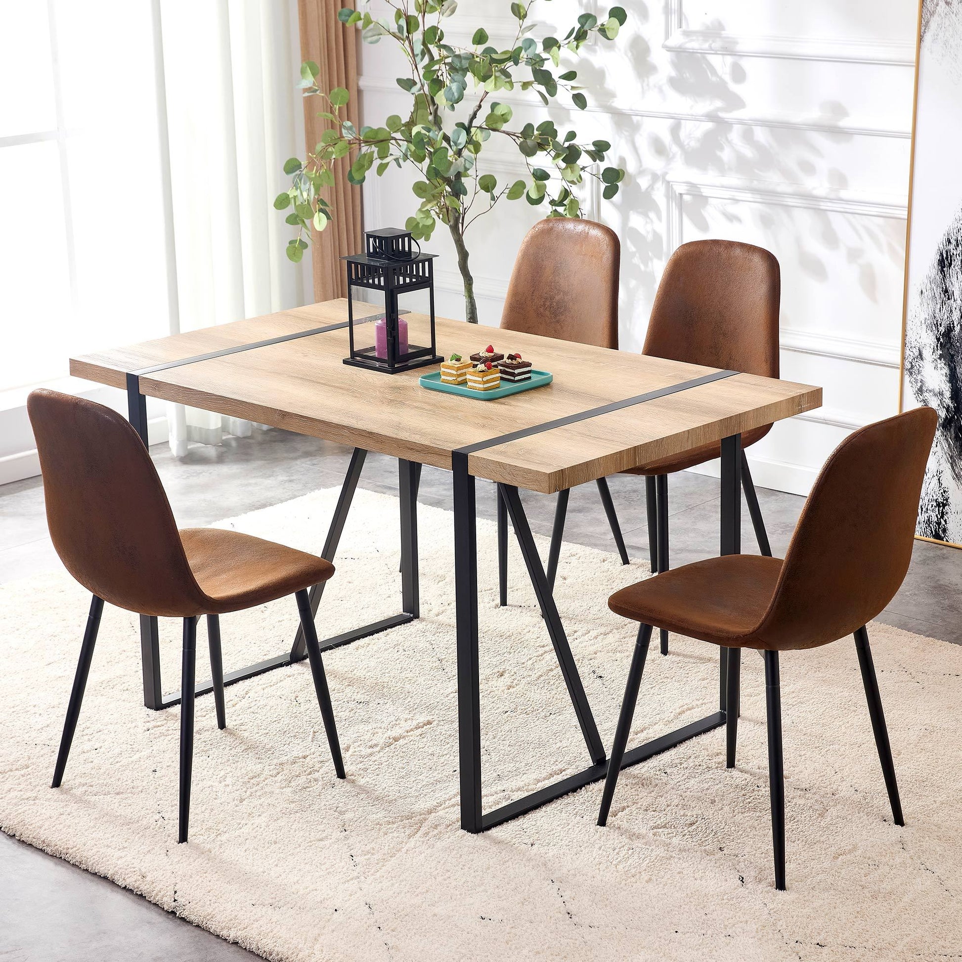 A Set Of 4 Modern Medieval Style Restaurant Cushioned Side Chairs, Equipped With Soft Cushions And Black Metal Legs, Suitable For Kitchens, Lounges, And Farmhouses. B0501A Brown Foam Metal