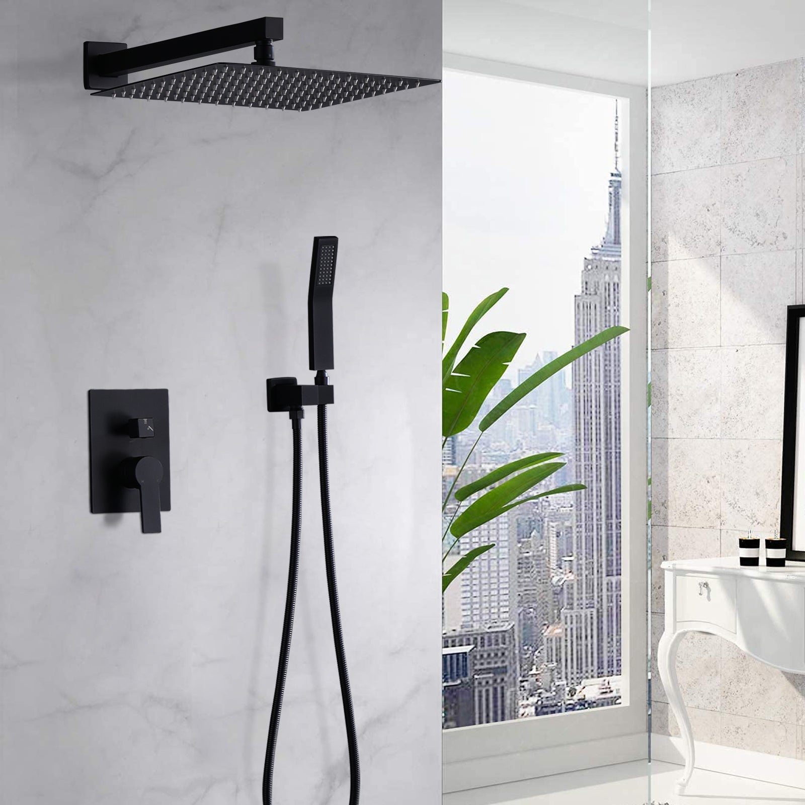 12 Inch Bathroom Rain Shower Combo Set With Hand Shower Matte Black Stainless Steel