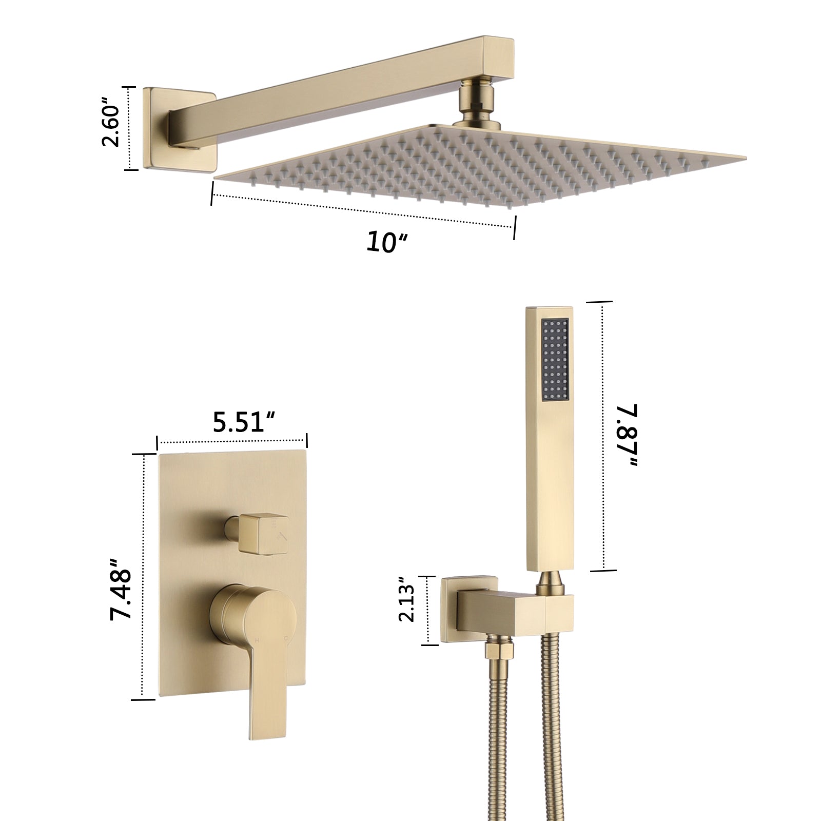 10Inch Brushed Gold Brass Rainfall Shower System, Luxuly Bathroom Shower Faucet Combo Set Brushed Gold Stainless Steel