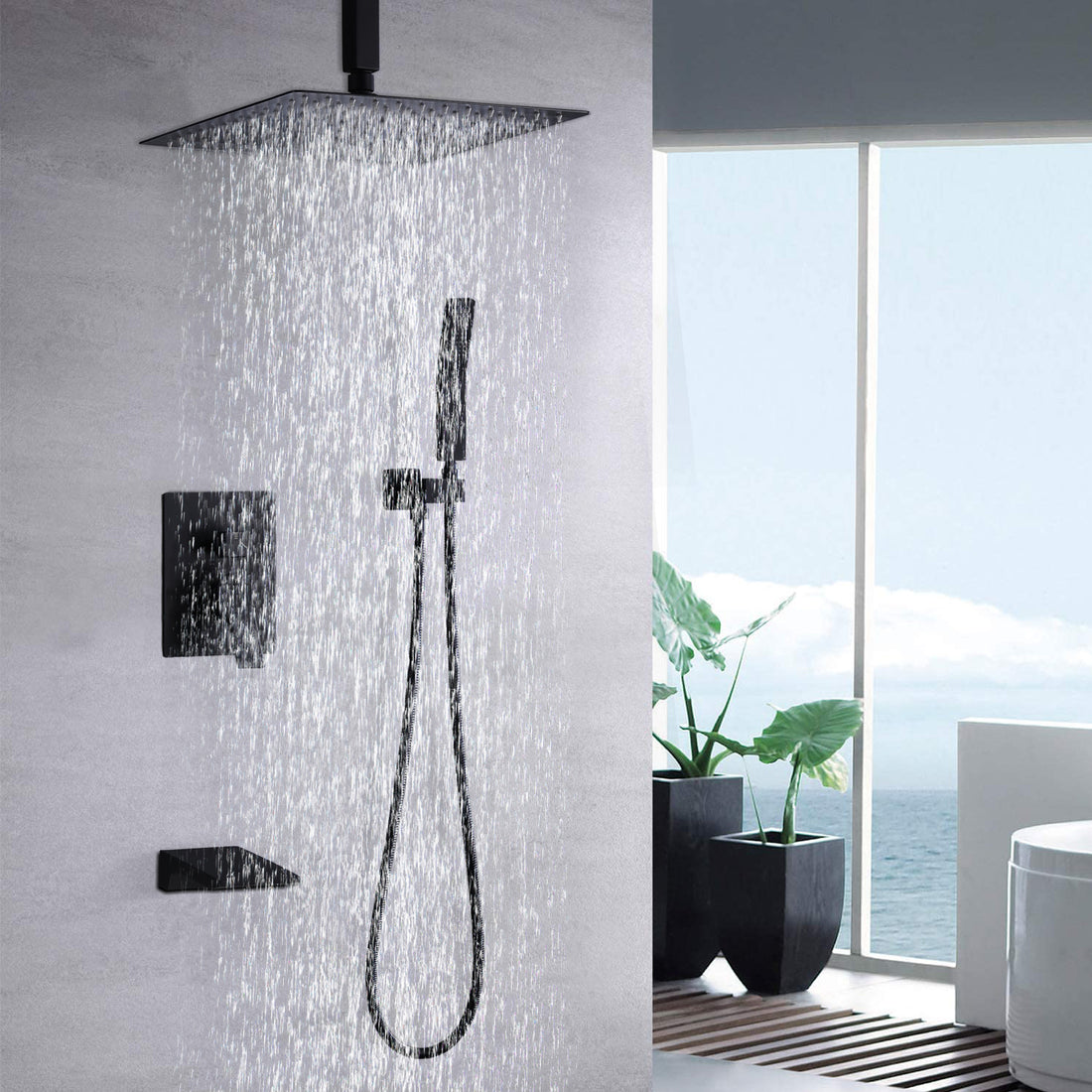 10Inch Shower System With Rain Shower Faucet Sets Matte Black Stainless Steel