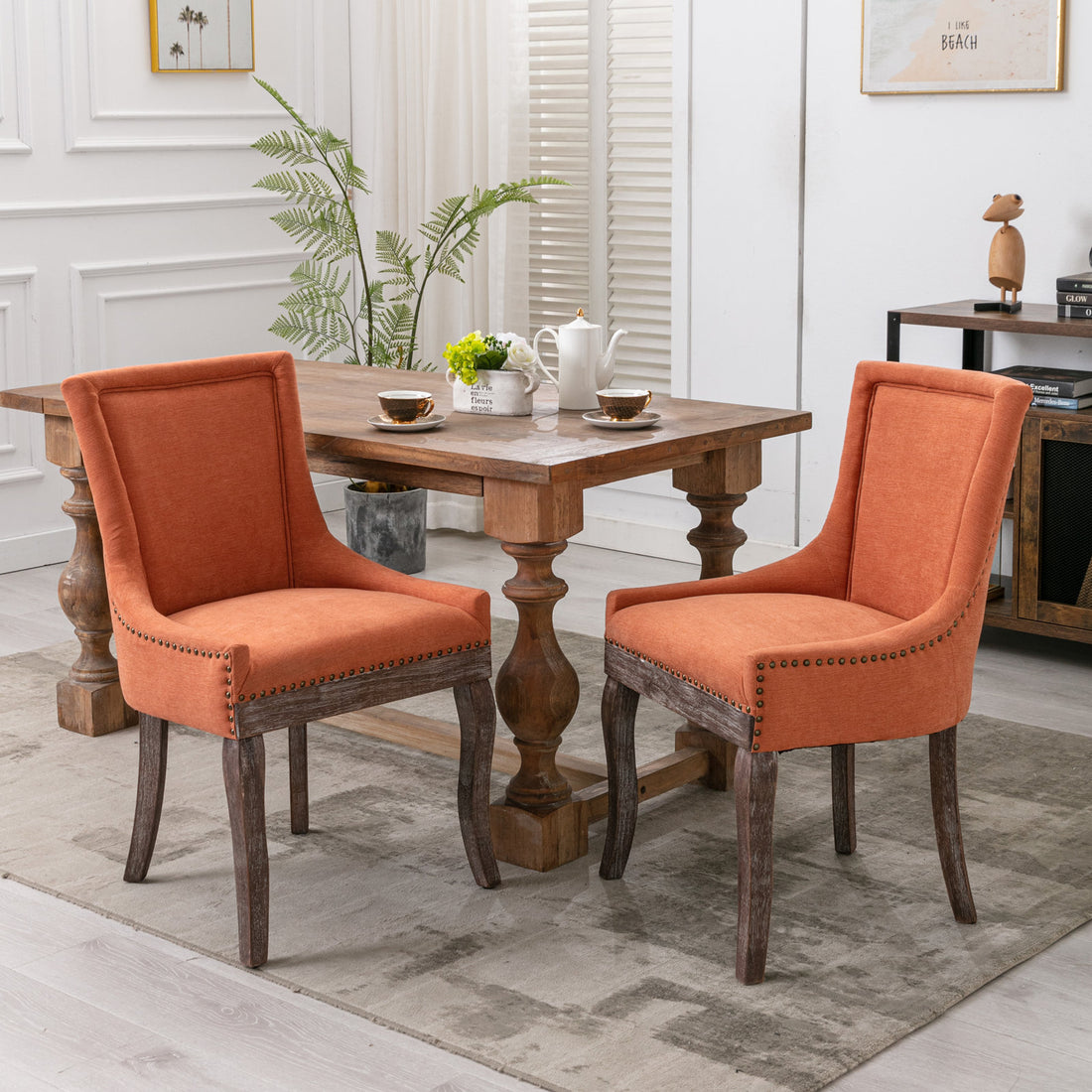 Ultra Side Dining Chair Thickened Fabric Chairs With Neutrally Toned Solid Wood Legs Bronze Nail Head Set Of 2 Orange Orange Foam Fabric