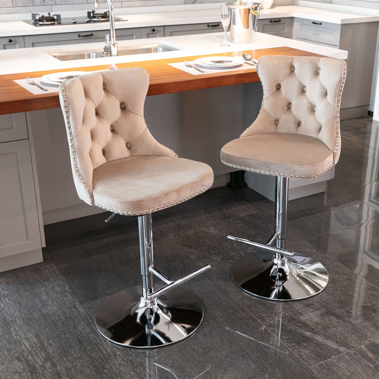 Swivel Velvet Barstools Adjusatble Seat Height From 25 33 Inch, Modern Upholstered Chrome Base Bar Stools With Backs Comfortable Tufted For Home Pub And Kitchen Island Khaki,Set Of 2 Khaki Foam Velvet