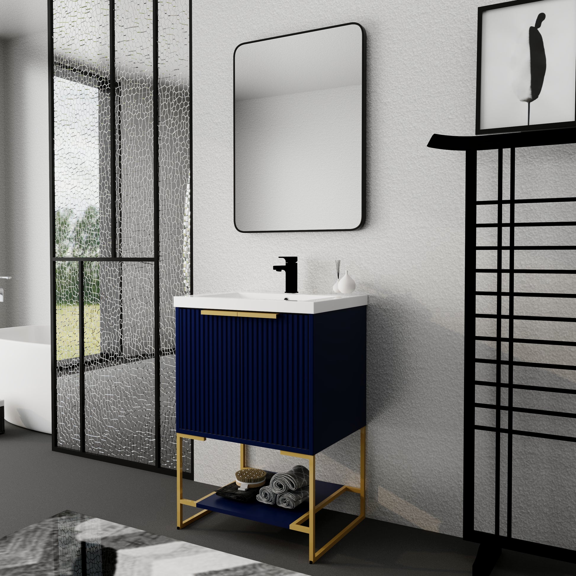 24 Inch Freestanding Bathroom Vanity With Resin navy blue-plywood