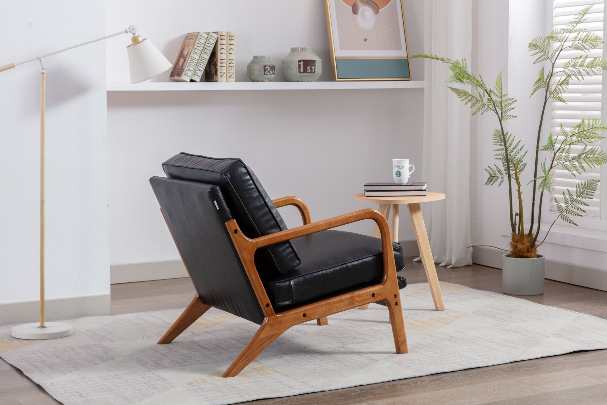 Coolmore Mid Century Modern Accent Chair, Comfy Fabric Living Room Chairs With Solid Wood Frame, Lounge Reading Armchair, Easy Assembly Black Pu Black Primary Living Space Foam Pu