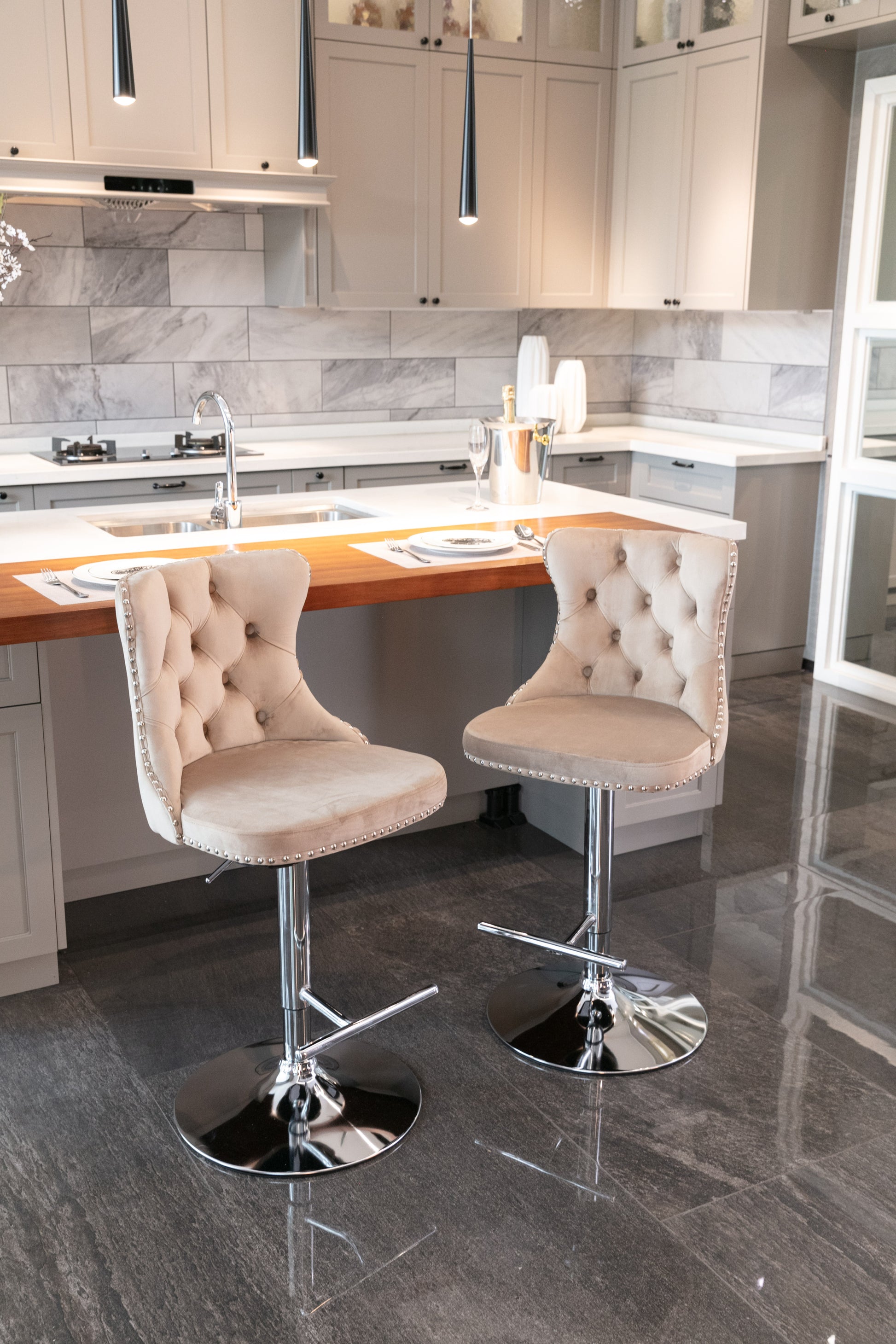 Swivel Velvet Barstools Adjusatble Seat Height From 25 33 Inch, Modern Upholstered Chrome Base Bar Stools With Backs Comfortable Tufted For Home Pub And Kitchen Island Khaki,Set Of 2 Khaki Foam Velvet