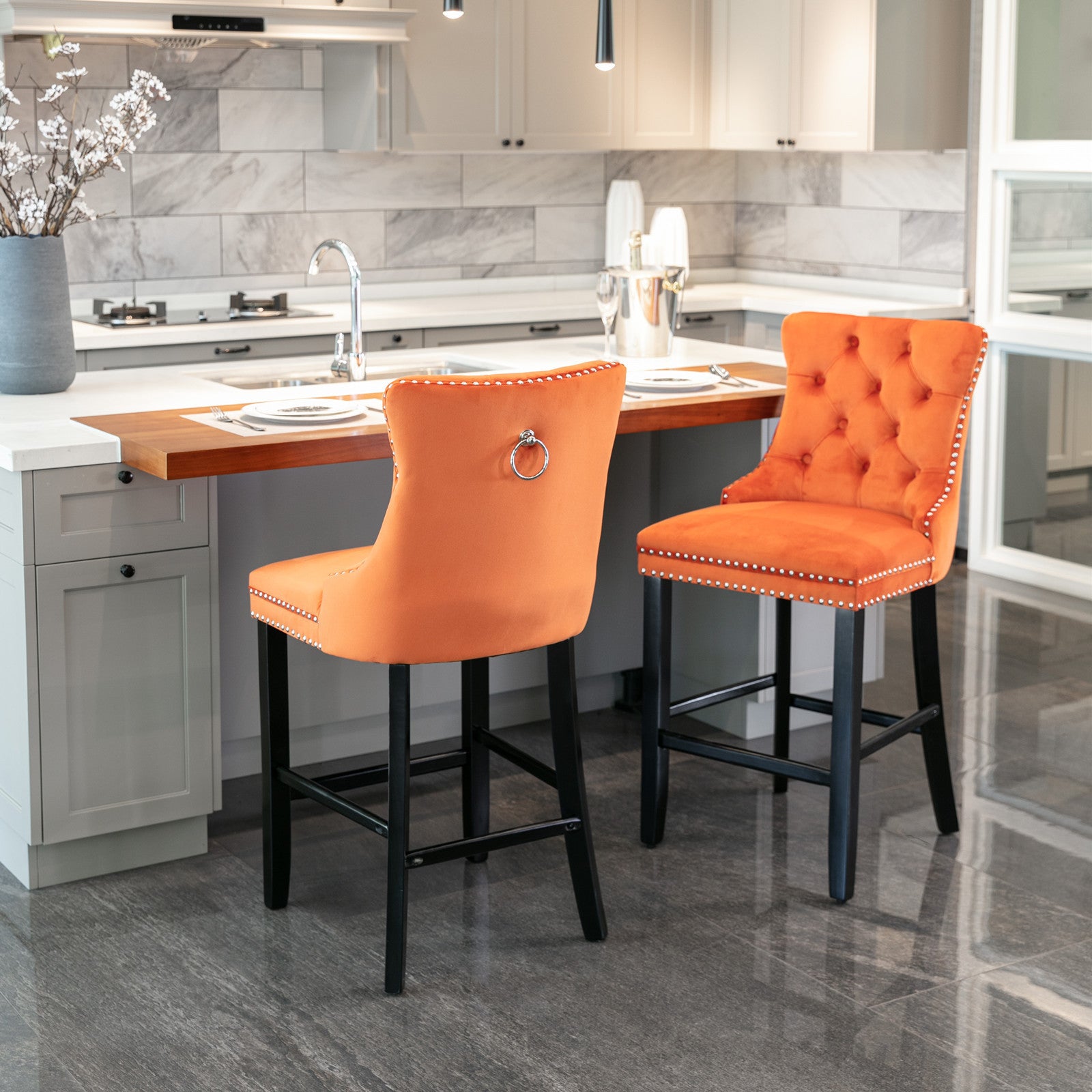 Contemporary Velvet Upholstered Barstools With Button Tufted Decoration And Wooden Legs, And Chrome Trim, Leisure Style Bar Chairs,Bar Stools, Set Of 2 Orange ,Sw2002Og Orange American Design Rubberwood Set Of 2 Foam Velvet