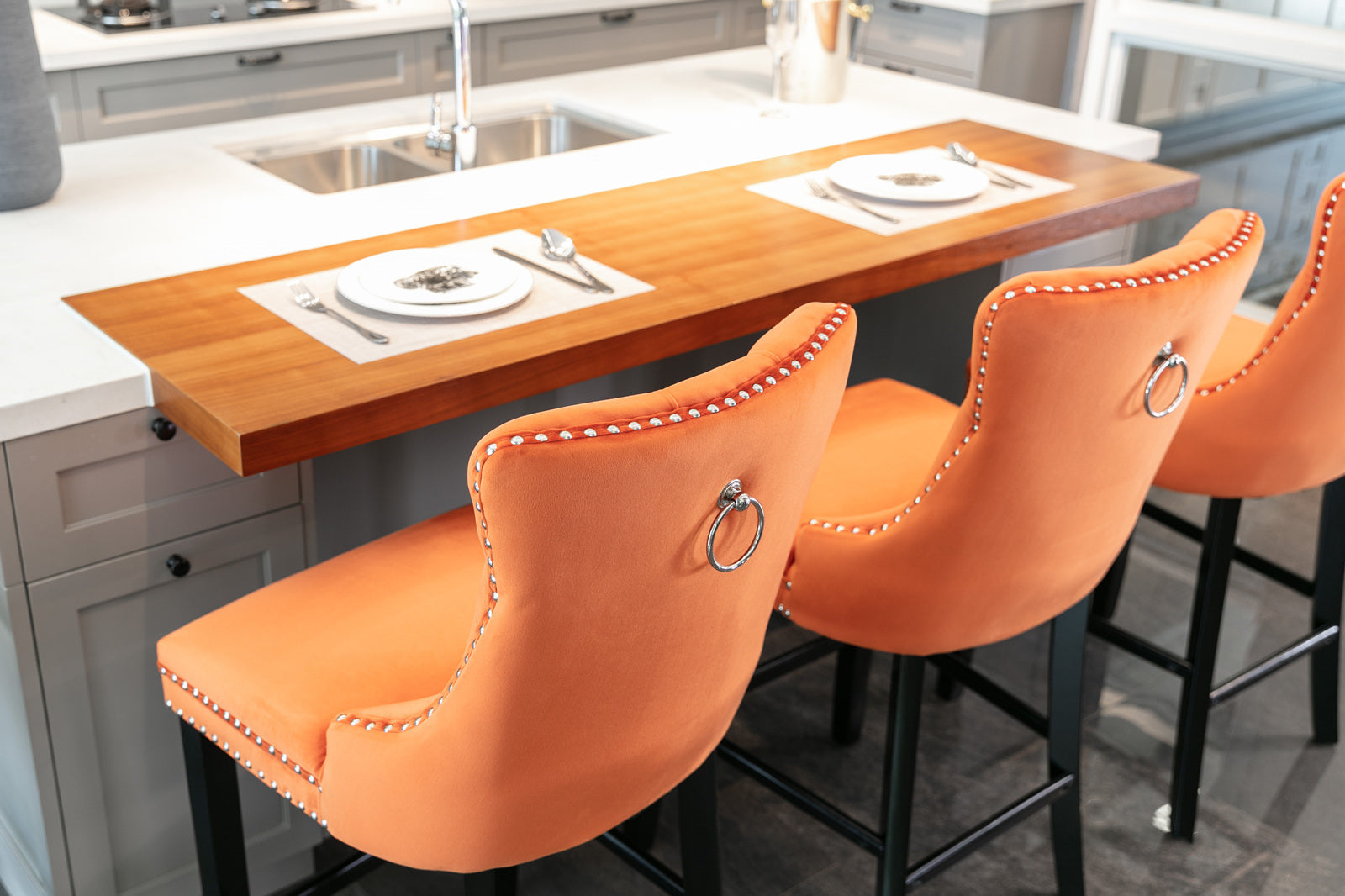 Contemporary Velvet Upholstered Barstools With Button Tufted Decoration And Wooden Legs, And Chrome Trim, Leisure Style Bar Chairs,Bar Stools, Set Of 2 Orange ,Sw2002Og Orange American Design Rubberwood Set Of 2 Foam Velvet