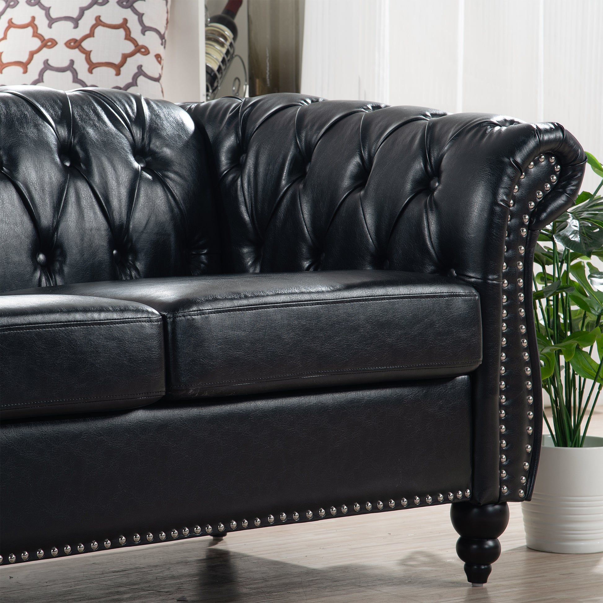 84.65" Black Pu Rolled Arm Chesterfield Three Seater Sofa. Black Foam Pu