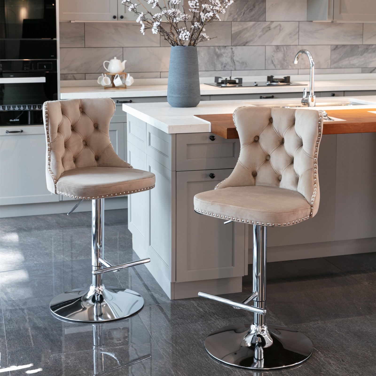 Swivel Velvet Barstools Adjusatble Seat Height From 25 33 Inch, Modern Upholstered Chrome Base Bar Stools With Backs Comfortable Tufted For Home Pub And Kitchen Island Khaki,Set Of 2 Khaki Foam Velvet