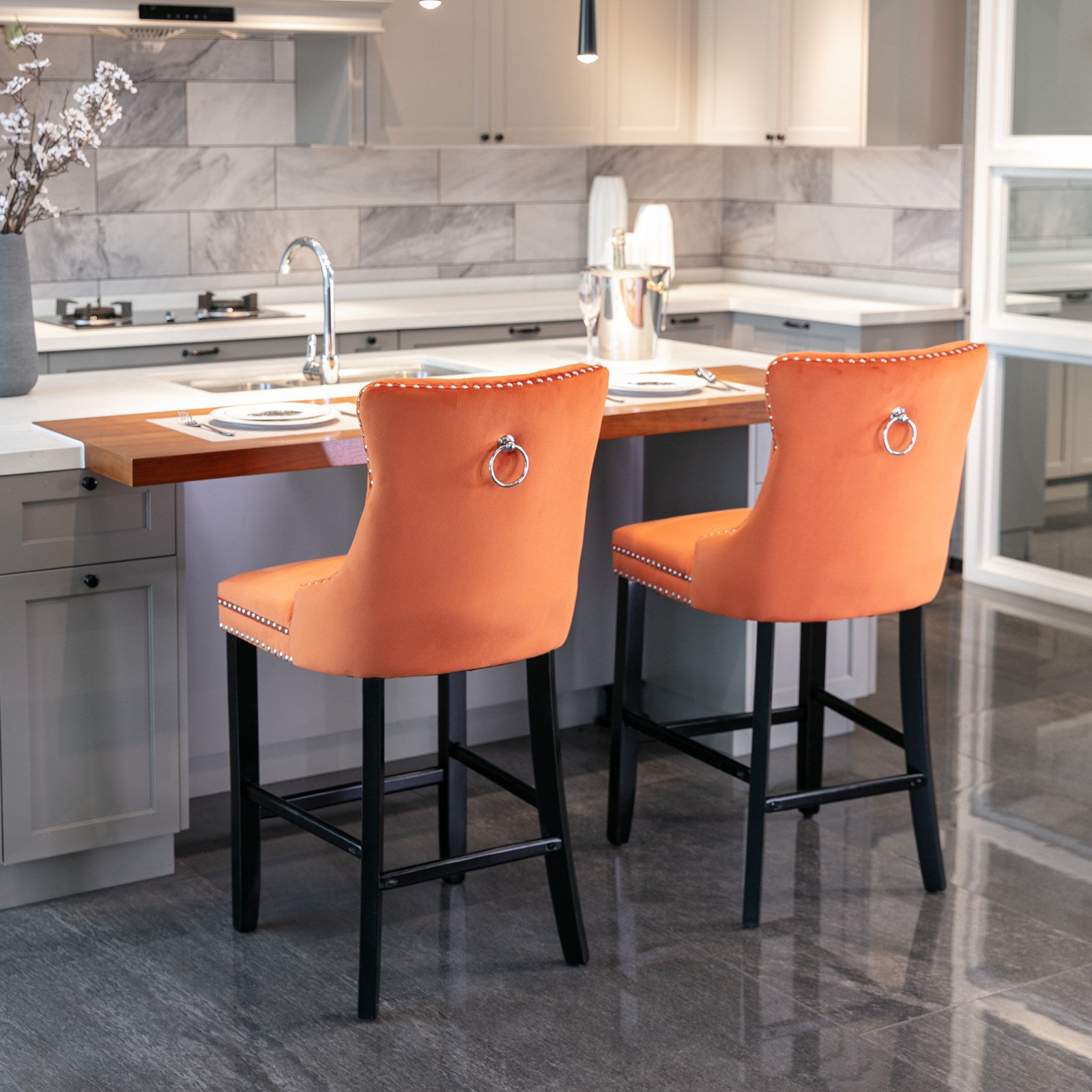 Contemporary Velvet Upholstered Barstools With Button Tufted Decoration And Wooden Legs, And Chrome Trim, Leisure Style Bar Chairs,Bar Stools, Set Of 2 Orange ,Sw2002Og Orange American Design Rubberwood Set Of 2 Foam Velvet