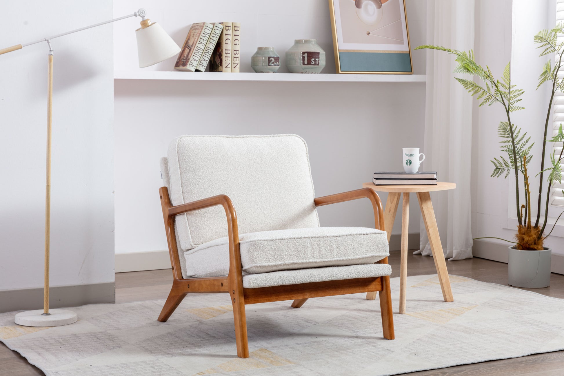 Coolmore Mid Century Modern Accent Chair, Comfy Fabric Living Room Chairs With Solid Wood Frame, Lounge Reading Armchair, Easy Assembly Beige Beige Primary Living Space Foam Boucle