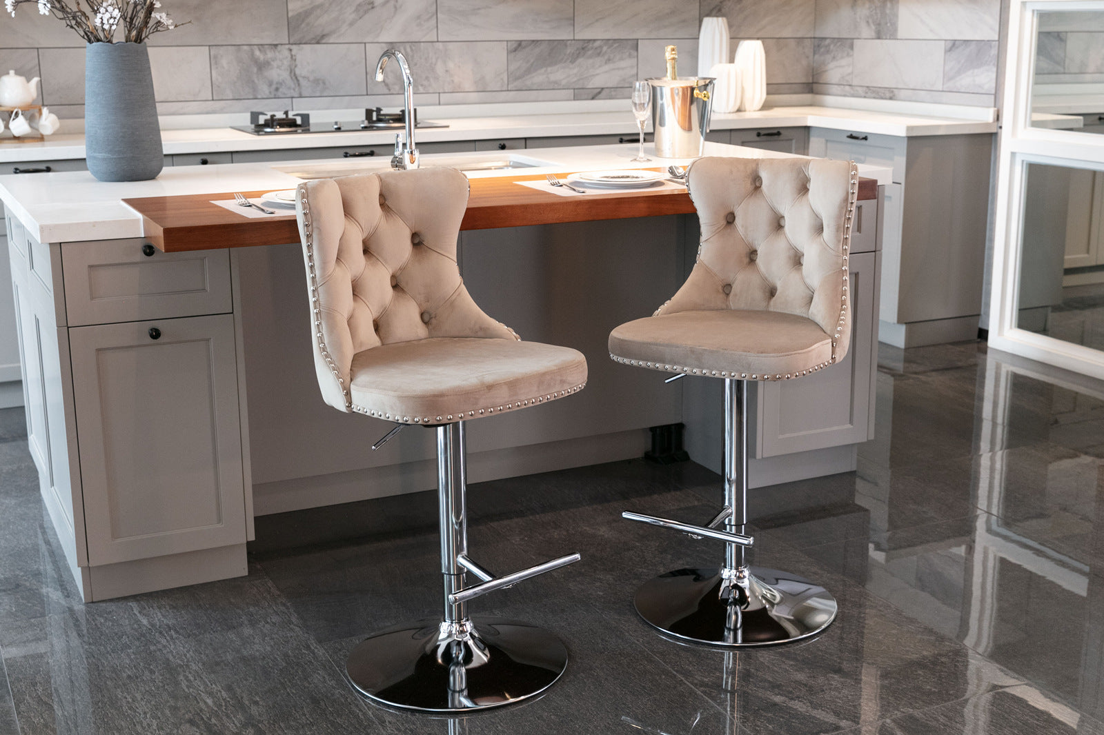 Swivel Velvet Barstools Adjusatble Seat Height From 25 33 Inch, Modern Upholstered Chrome Base Bar Stools With Backs Comfortable Tufted For Home Pub And Kitchen Island Khaki,Set Of 2 Khaki Foam Velvet