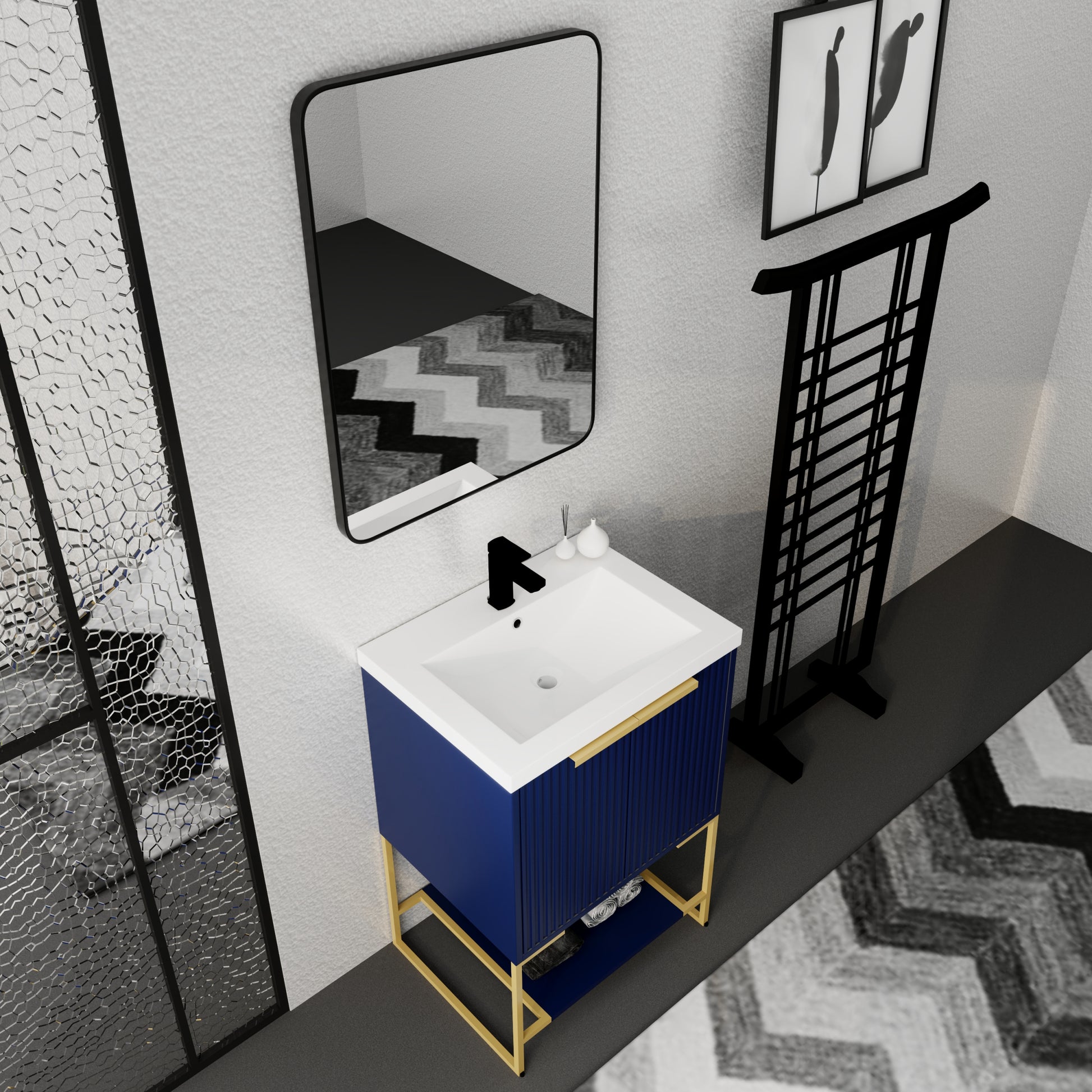 24 Inch Freestanding Bathroom Vanity With Resin navy blue-plywood