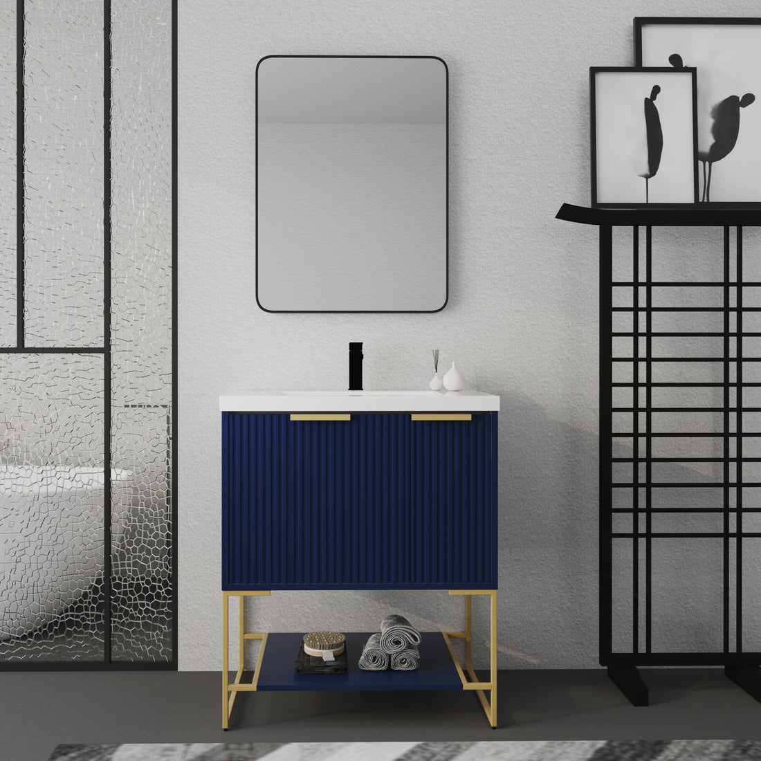 30 Inch Freestanding Bathroom Vanity With Resin Basin,30X18 Bva 01130Nb 1 1 Navy Blue 1 1 Soft Close Doors Bathroom Freestanding Modern Plywood Plywood