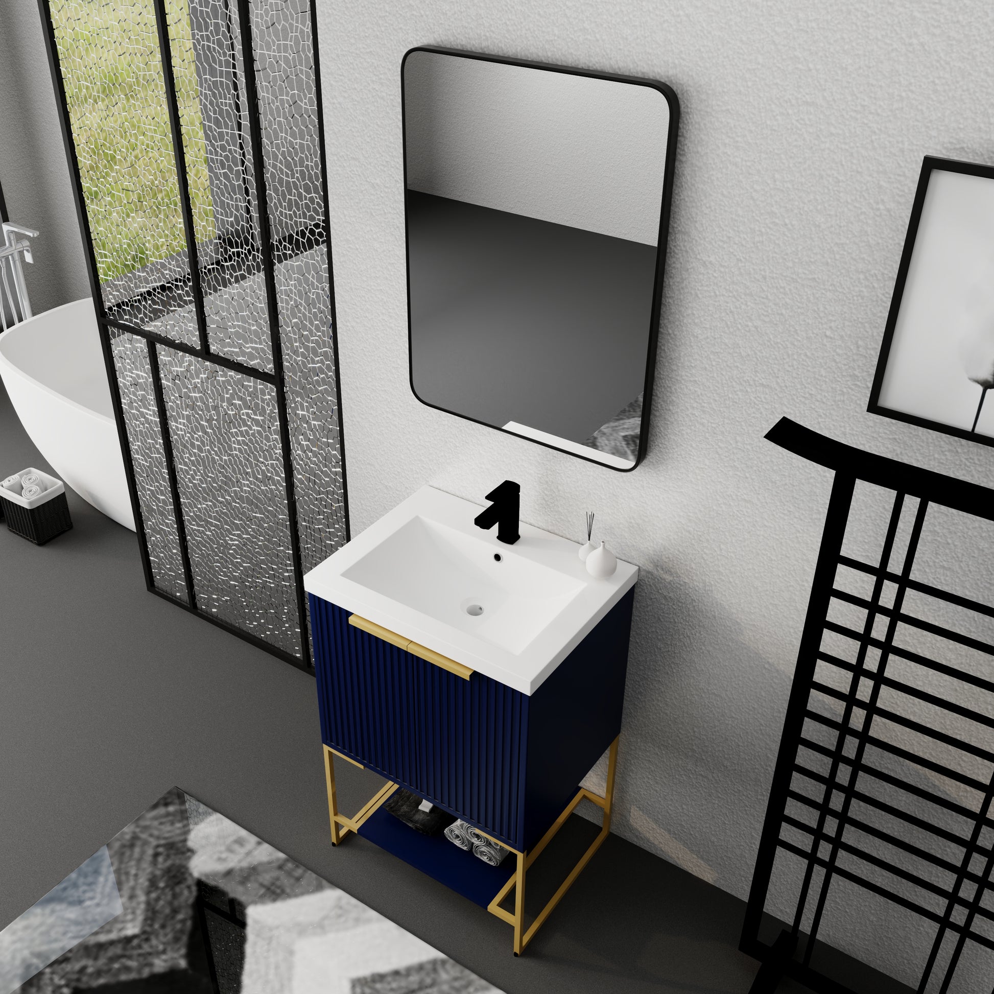 24 Inch Freestanding Bathroom Vanity With Resin Basin,24X18 Bva01124Nb 1, W99981921 Navy Blue 2 1 Bathroom Freestanding Modern Plywood