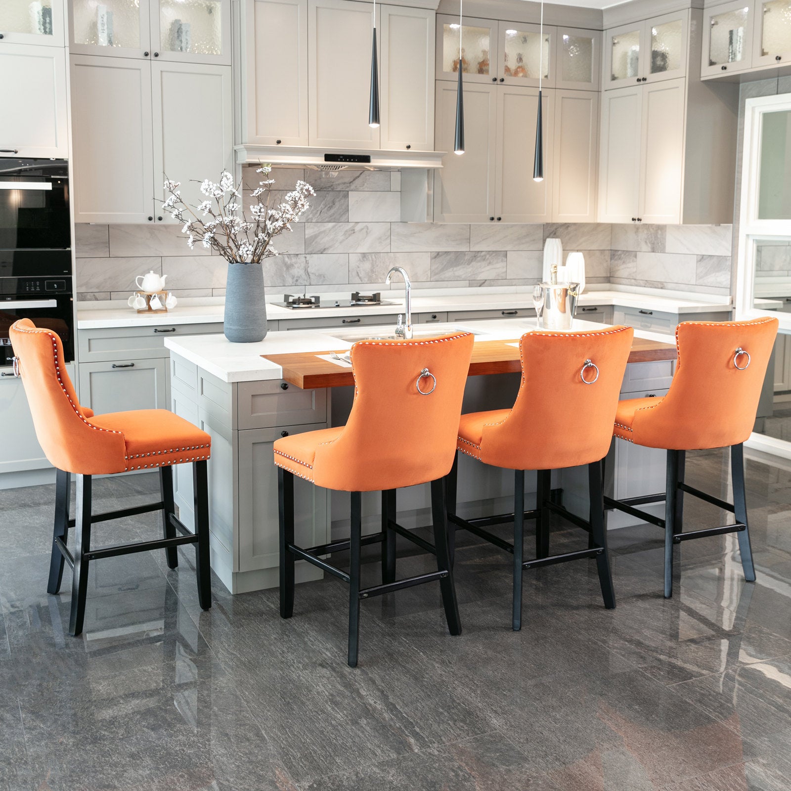 Contemporary Velvet Upholstered Barstools With Button Tufted Decoration And Wooden Legs, And Chrome Trim, Leisure Style Bar Chairs,Bar Stools, Set Of 2 Orange ,Sw2002Og Orange American Design Rubberwood Set Of 2 Foam Velvet