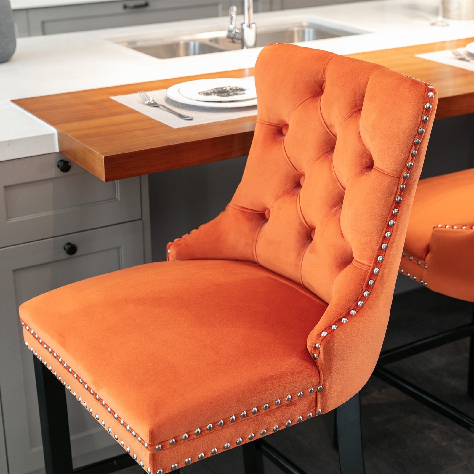 Contemporary Velvet Upholstered Barstools With Button Tufted Decoration And Wooden Legs, And Chrome Trim, Leisure Style Bar Chairs,Bar Stools, Set Of 2 Orange ,Sw2002Og Orange American Design Rubberwood Set Of 2 Foam Velvet