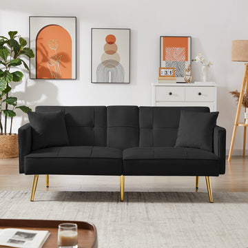 Black Velvet Futon Sofa Bed With Gold Metal Legs Black Velvet Wood Tufted Back Eucalyptus Square Arms Foam Velvet 2 Seat