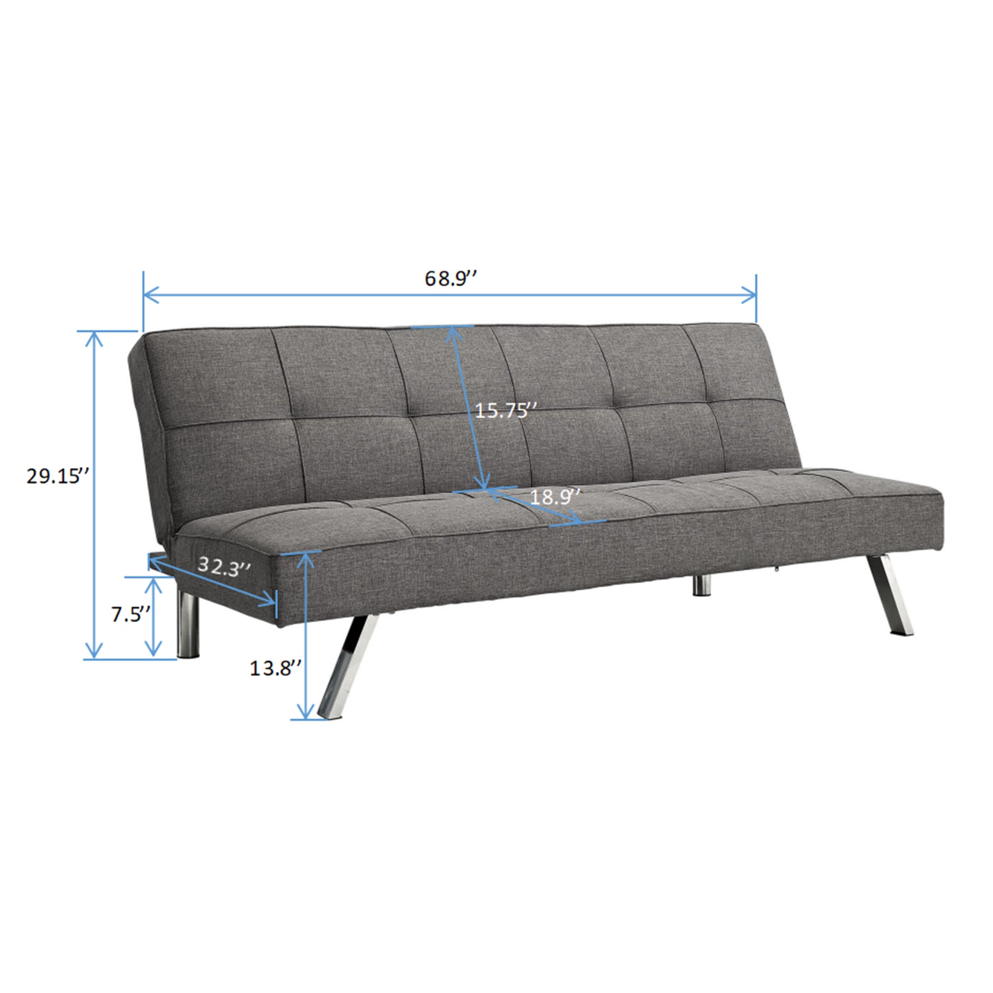 Metal Frame, Stainless Leg, Futon, Sofa Bed Grey Fabric