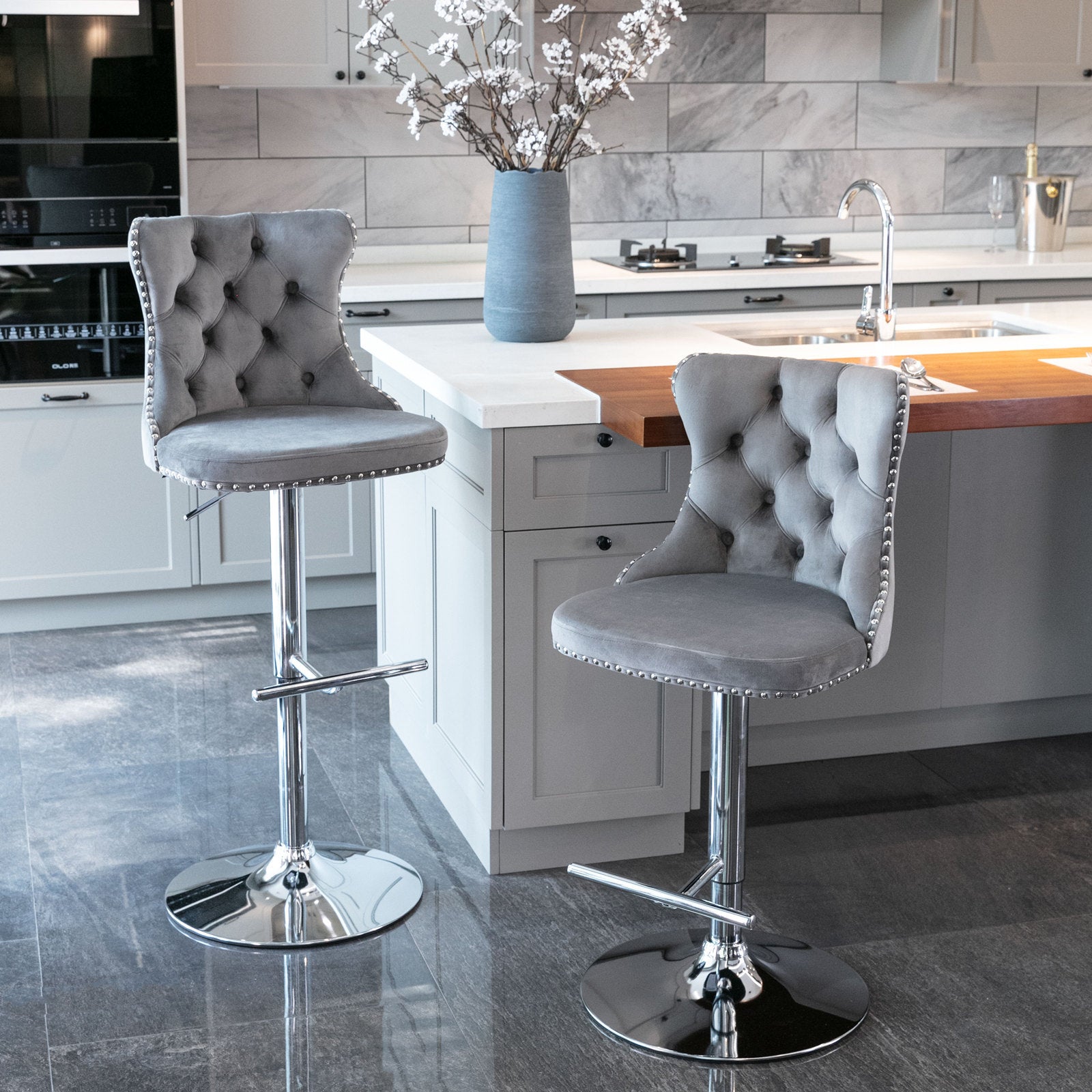 Swivel Velvet Barstools Adjusatble Seat Height From 25 33 Inch, Modern Upholstered Chrome Base Bar Stools With Backs Comfortable Tufted For Home Pub And Kitchen Island Gray,Set Of 2 Gray Foam Velvet