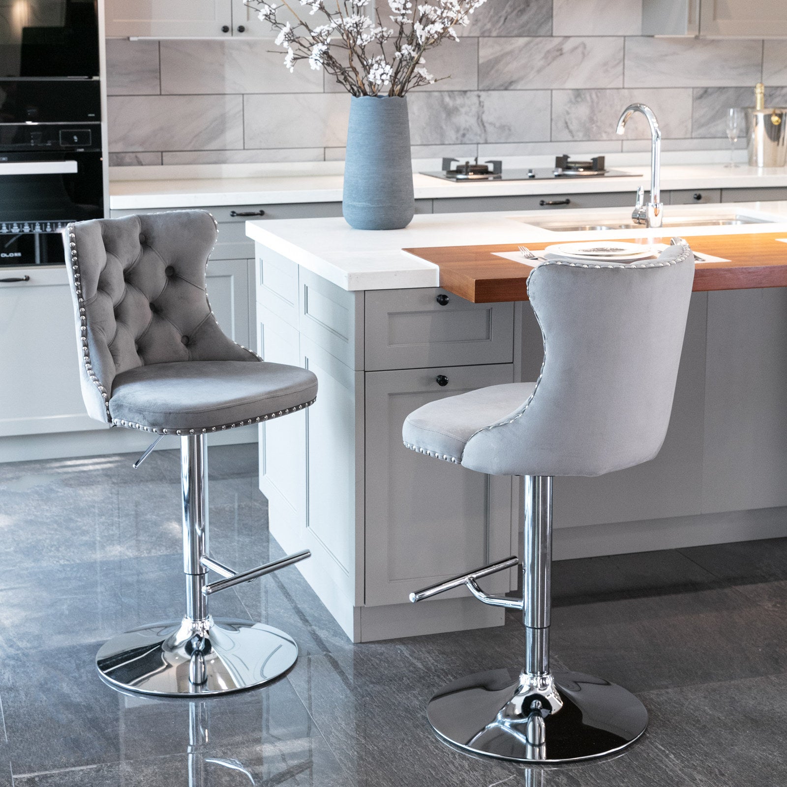 Swivel Velvet Barstools Adjusatble Seat Height From 25 33 Inch, Modern Upholstered Chrome Base Bar Stools With Backs Comfortable Tufted For Home Pub And Kitchen Island Gray,Set Of 2 Gray Foam Velvet