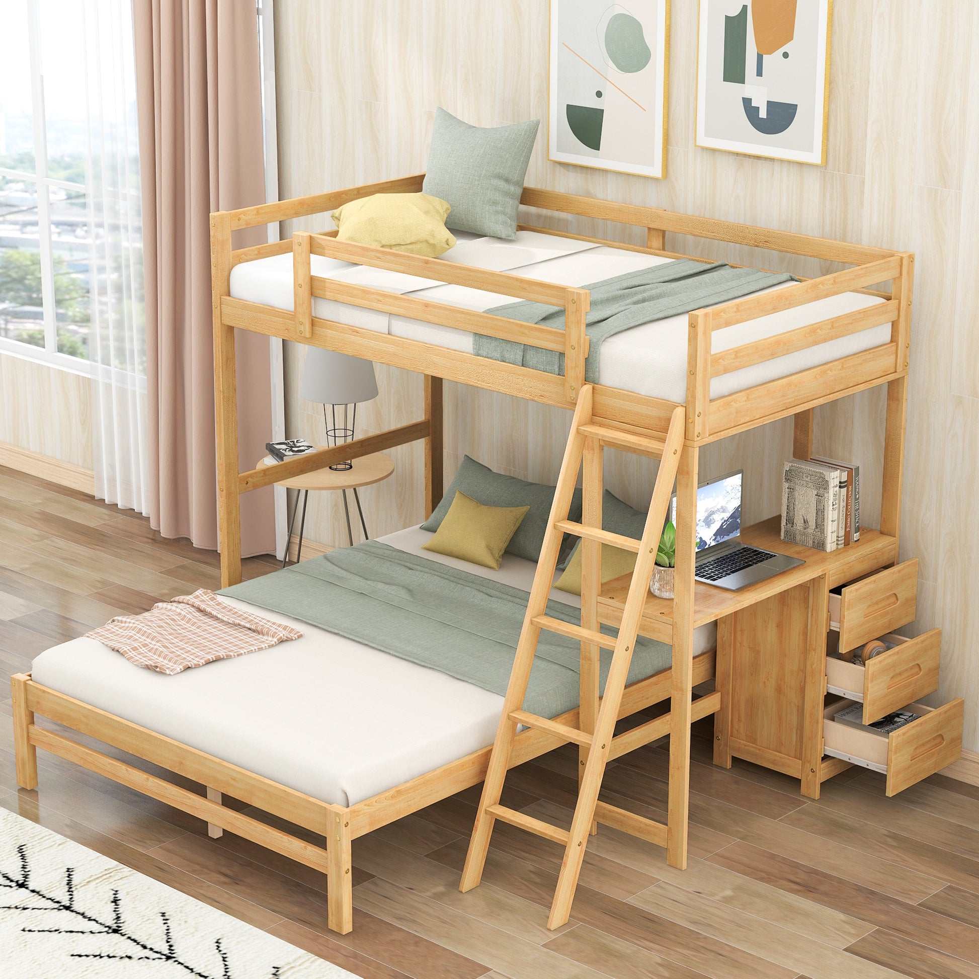 Twin Over Full Bunk Bed With Built In Desk And Three Drawers,Natural Old Sku: Sm000709Aad Twin Natural Pine