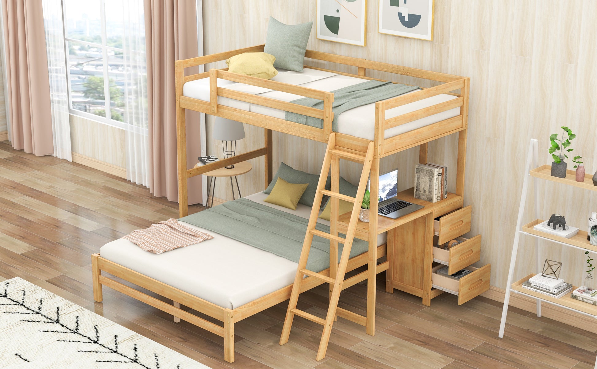 Twin Over Full Bunk Bed With Built In Desk And Three Drawers,Natural Old Sku: Sm000709Aad Twin Natural Pine