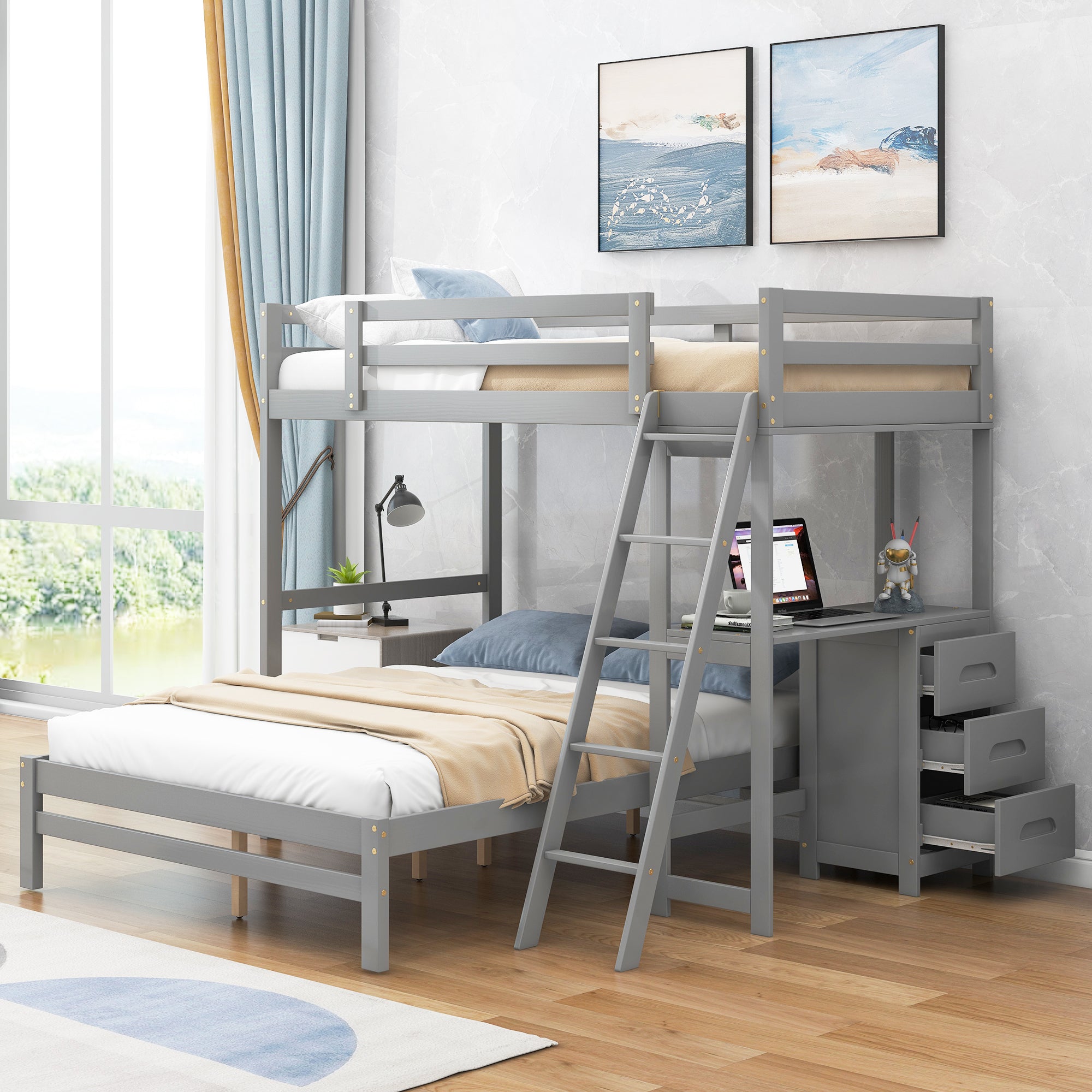 Twin Over Full Bunk Bed With Built In Desk And Three Drawers,Grey Grey Pine