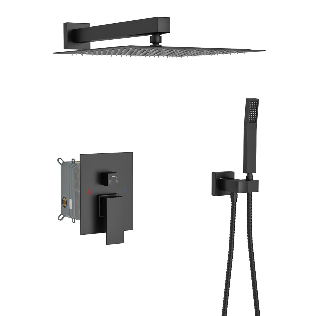 Dual Shower Head 12 Inch Wall Mounted Square Shower System With Rough In Valve,Matte Black Matte Black Stainless Steel