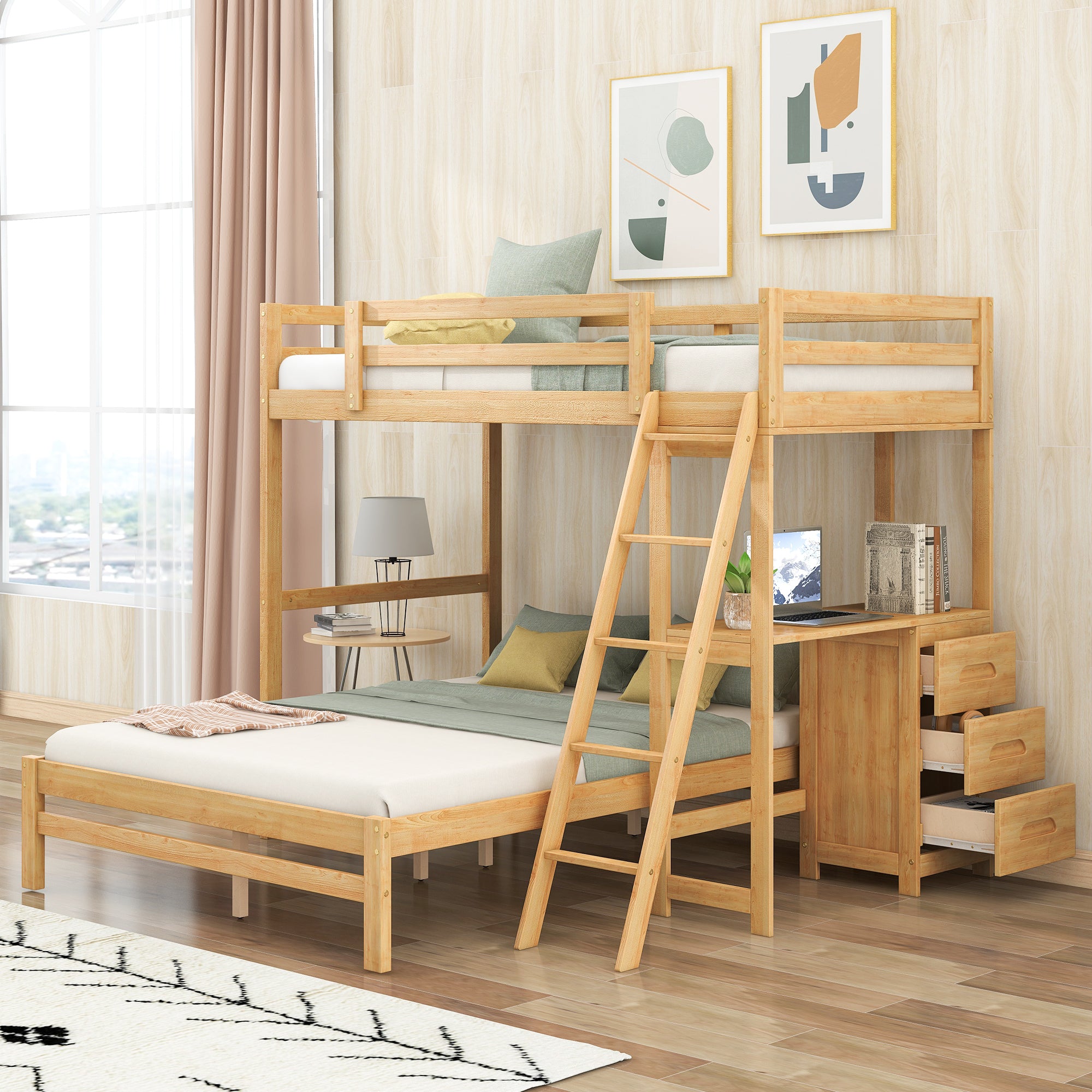 Twin Over Full Bunk Bed With Built In Desk And Three Drawers,Natural Old Sku: Sm000709Aad Twin Natural Pine