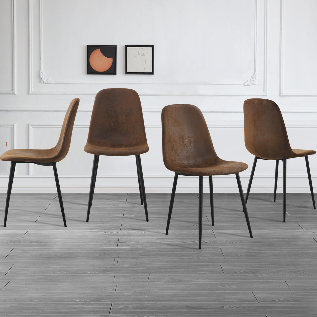 A Set Of 4 Modern Medieval Style Restaurant Cushioned Side Chairs, Equipped With Soft Cushions And Black Metal Legs, Suitable For Kitchens, Lounges, And Farmhouses. B0501A Brown Foam Metal